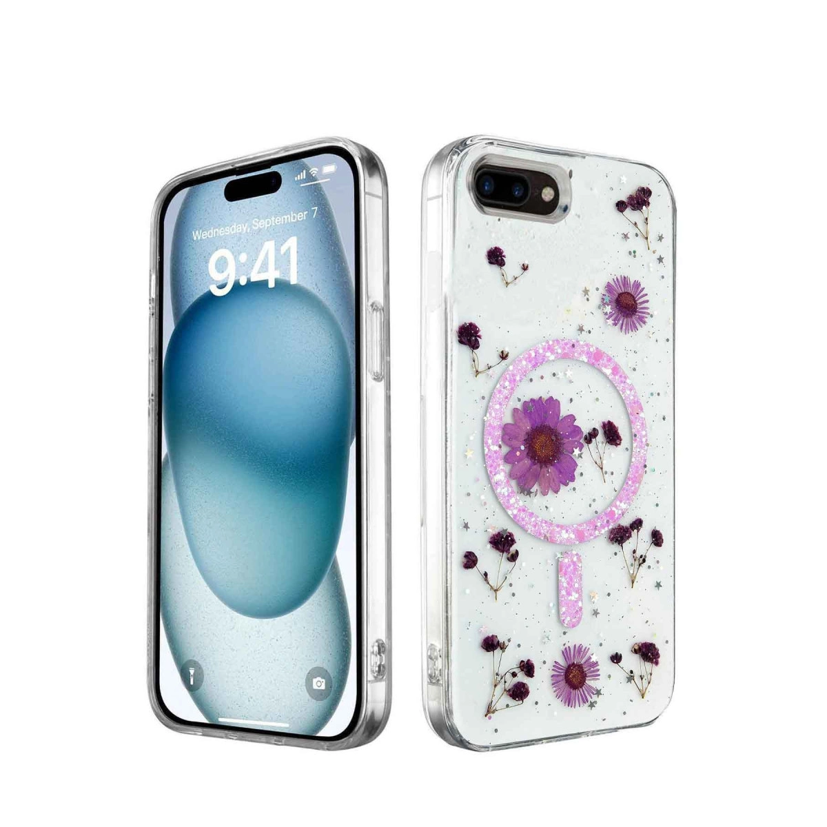 Mor çiçekli şeffaf kılıflı bir iPhone, yanında başka bir kılıf.