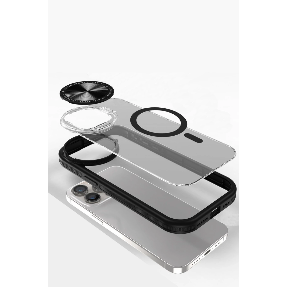 Gümüş bir telefon üzerinde cam ve siyah çerçeveden oluşan demonte telefon kılıfı.