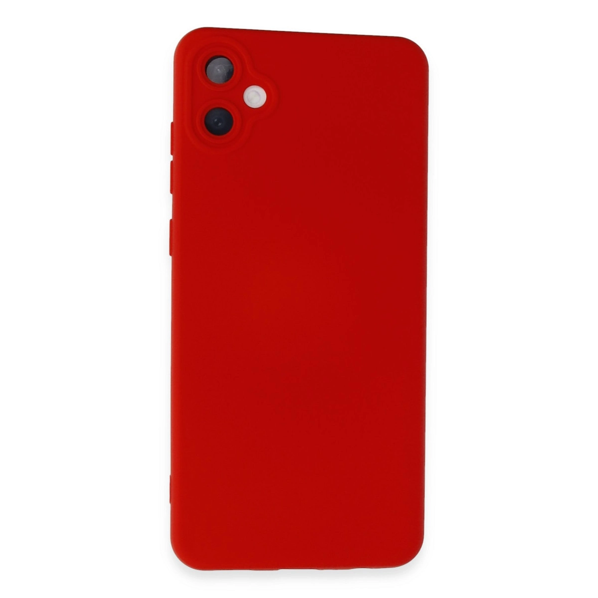 Sol üstte iki kamera lensi ve flaşa sahip kırmızı telefon kılıfı.