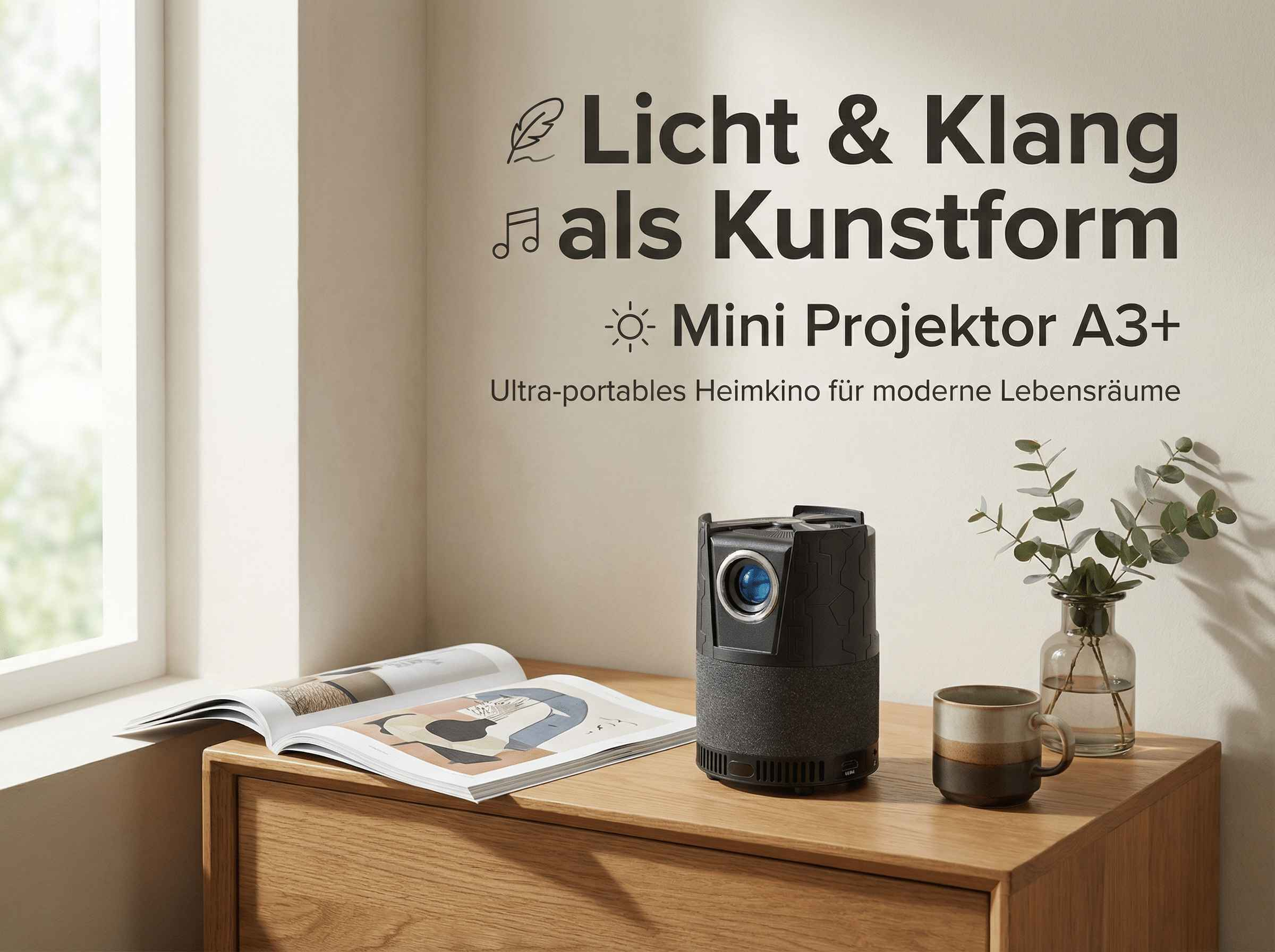 Ein Mini-Projektor steht auf einem Holzmöbel neben einer Tasse und einer Vase.