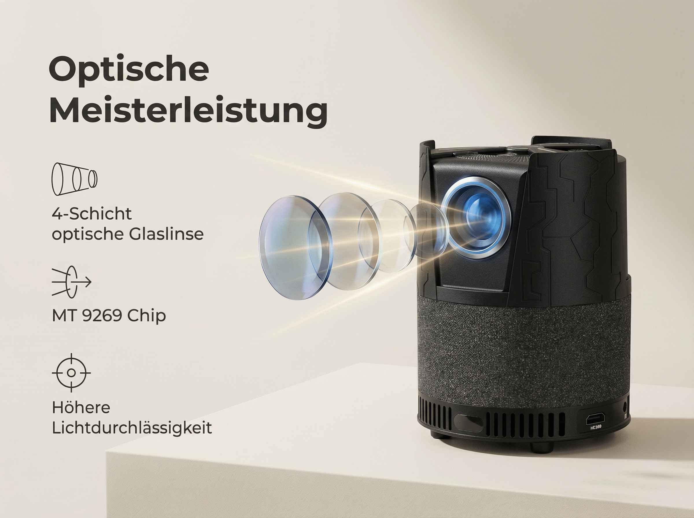 Projektor mit 4-Schicht-Linse, MT9269 Chip und hoher Lichtdurchlässigkeit.