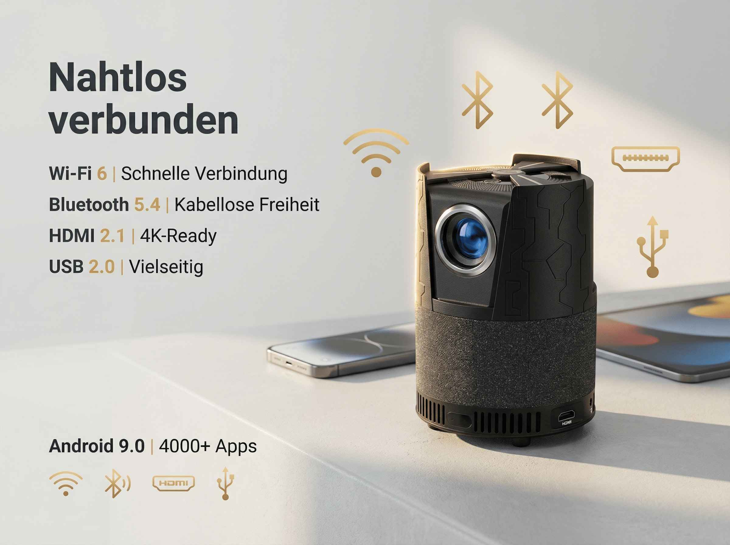 Ein schwarzer Projektor mit Text, der Wi-Fi 6, Bluetooth 5.4, HDMI 2.1 und USB 2.0 hervorhebt.