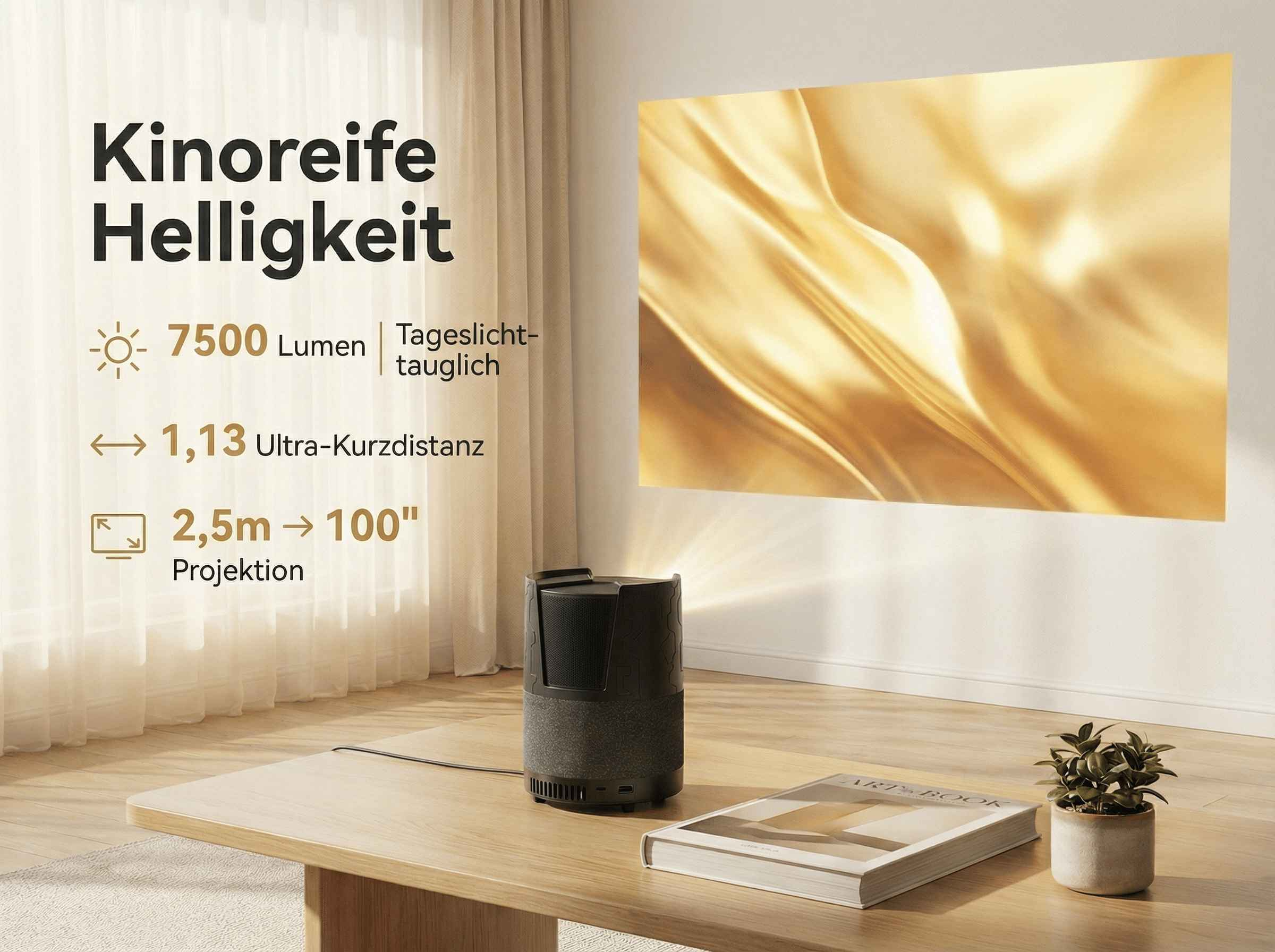 Ein Projektor wirft ein goldenes Bild an eine Wand. Daten wie Lumen und Distanz sind sichtbar.