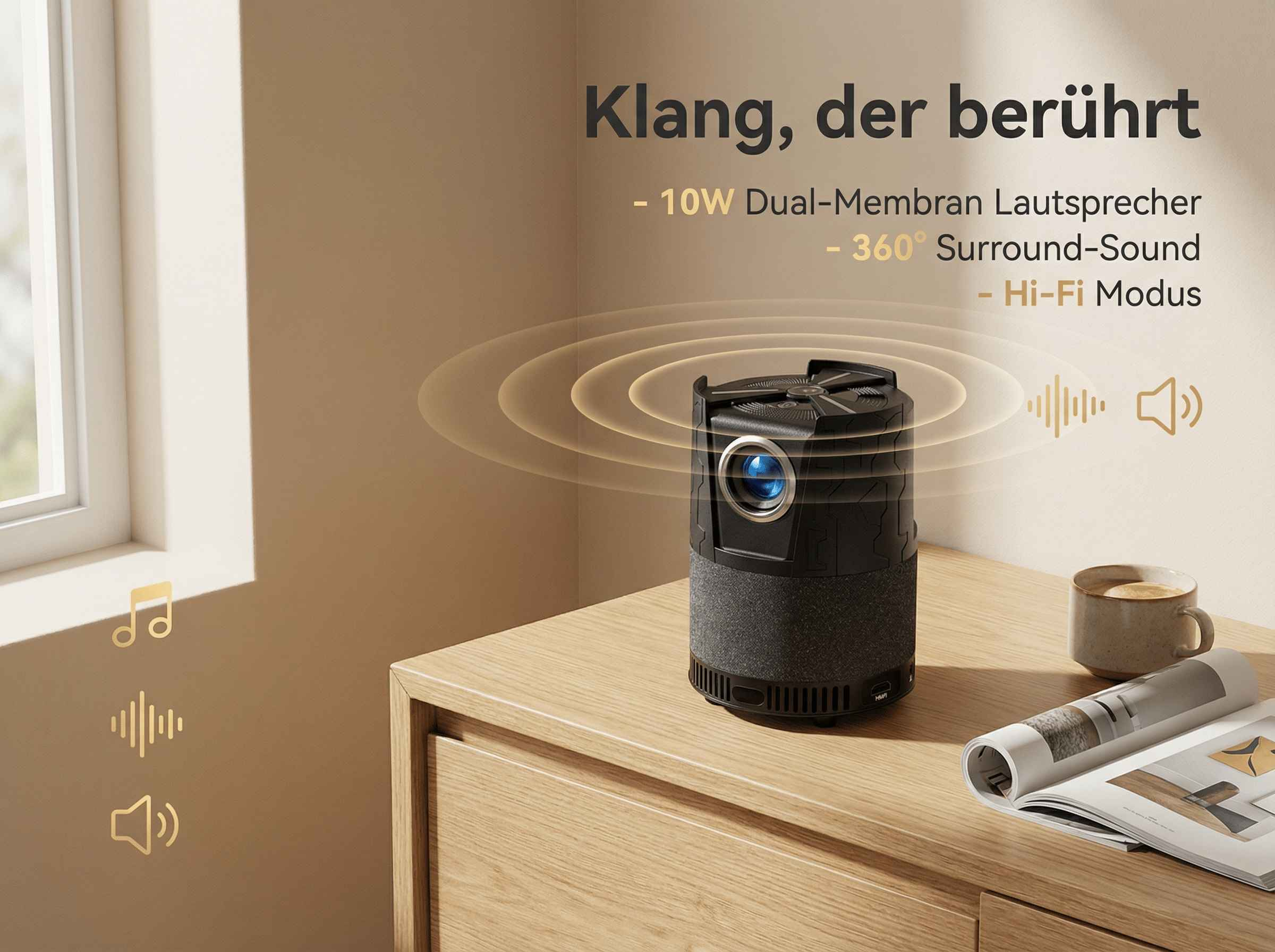 Schwarzer Lautsprecher mit Musiksympten auf einem Holzmöbel neben einer Tasse Kaffee.