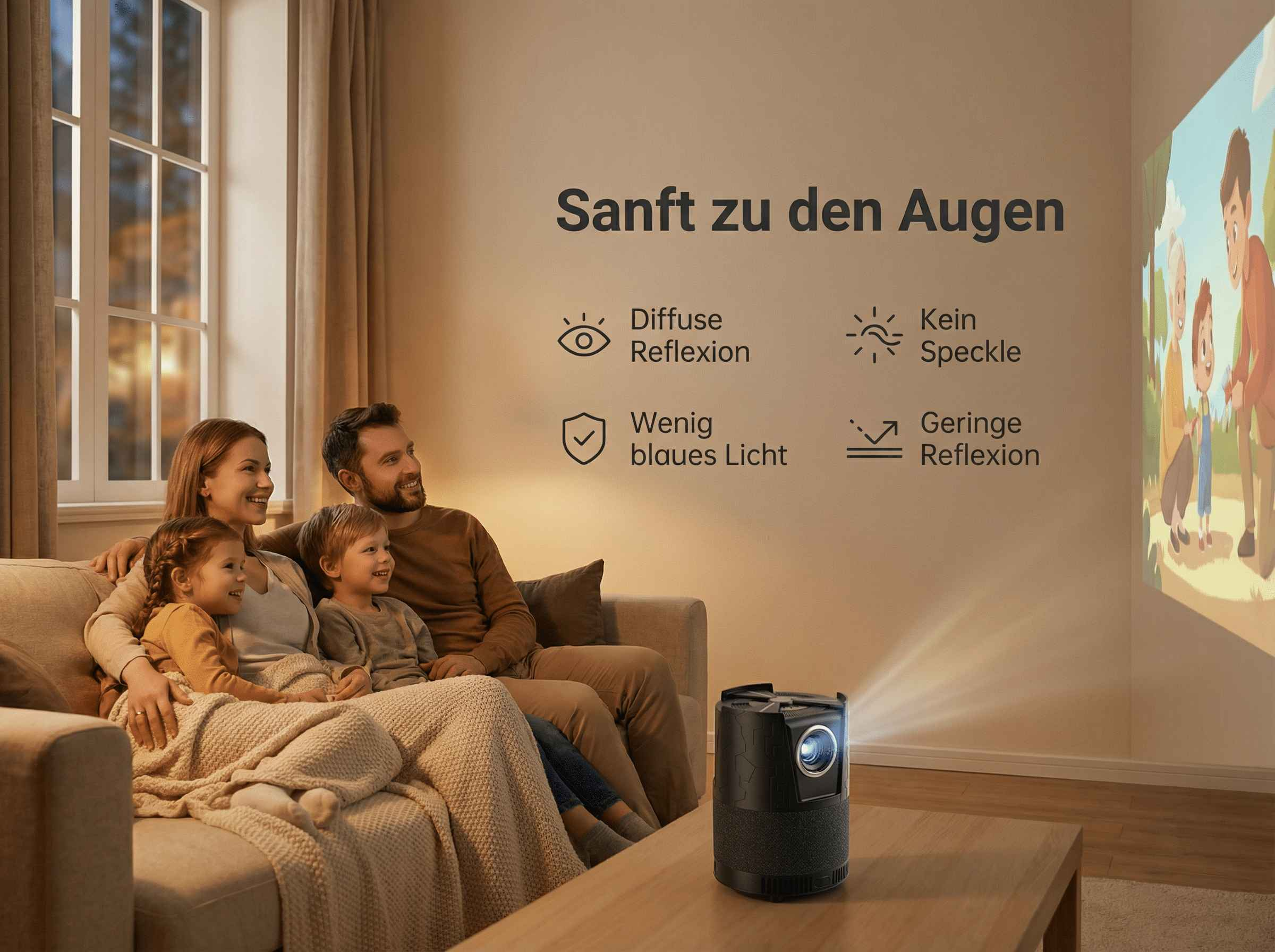 Familie schaut Projektor-Bildschirm im gemütlichen Wohnzimmer.
