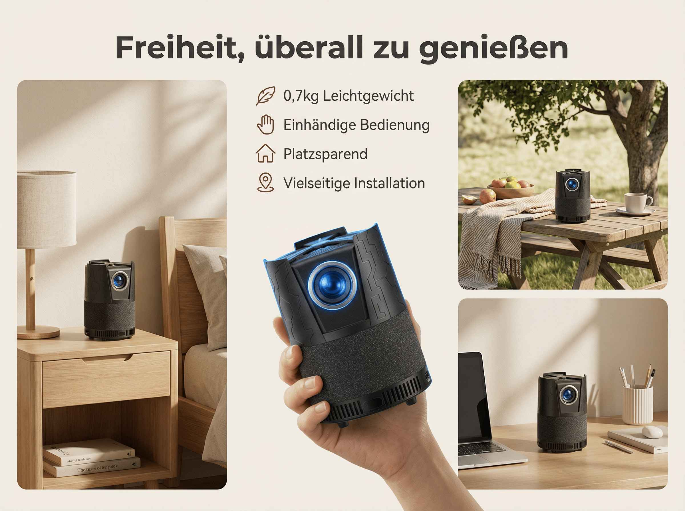 Ein tragbarer Projektor wird in verschiedenen Szenarien gezeigt: Nachttisch, Picknicktisch, Schreibtisch.