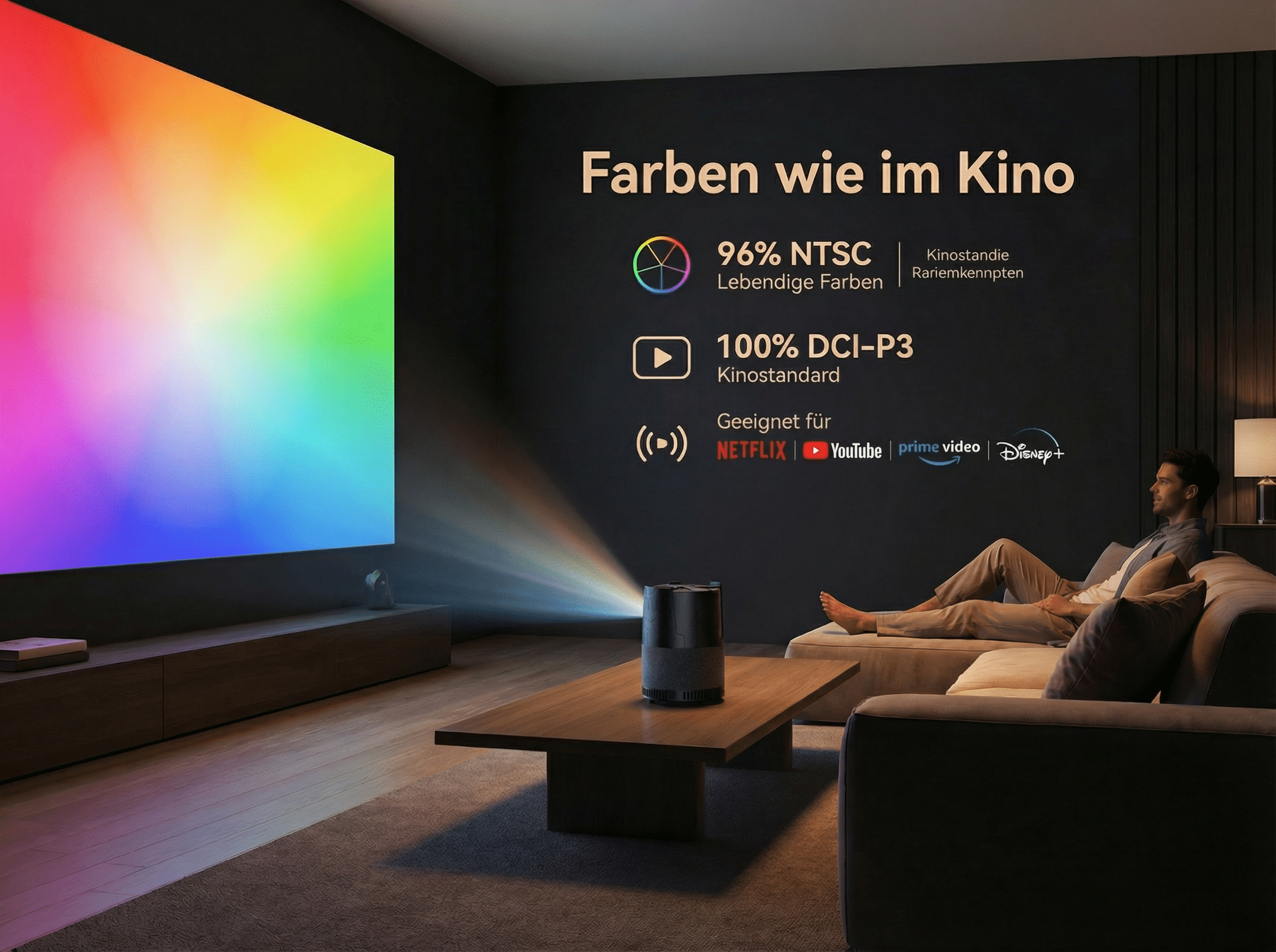Ein Mann entspannt sich auf einem Sofa, während ein Projektor einen farbenfrohen Bildschirm anzeigt.