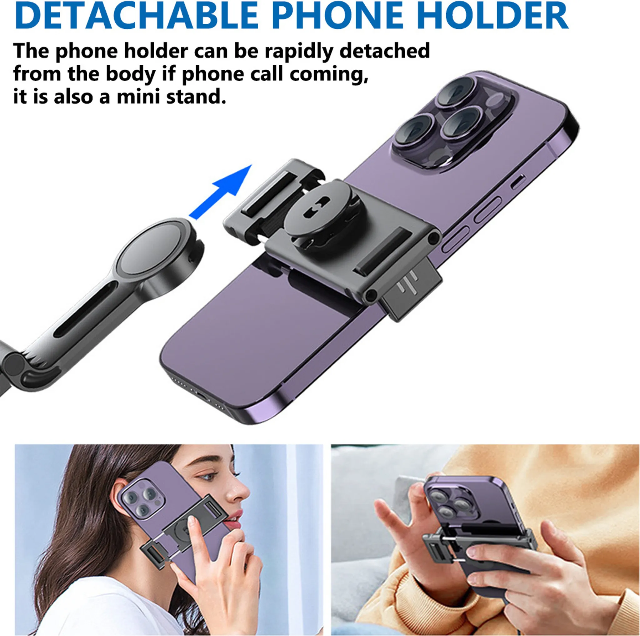 Ein abnehmbarer Handyhalter mit einem lila Handy, der als Ständer dient.