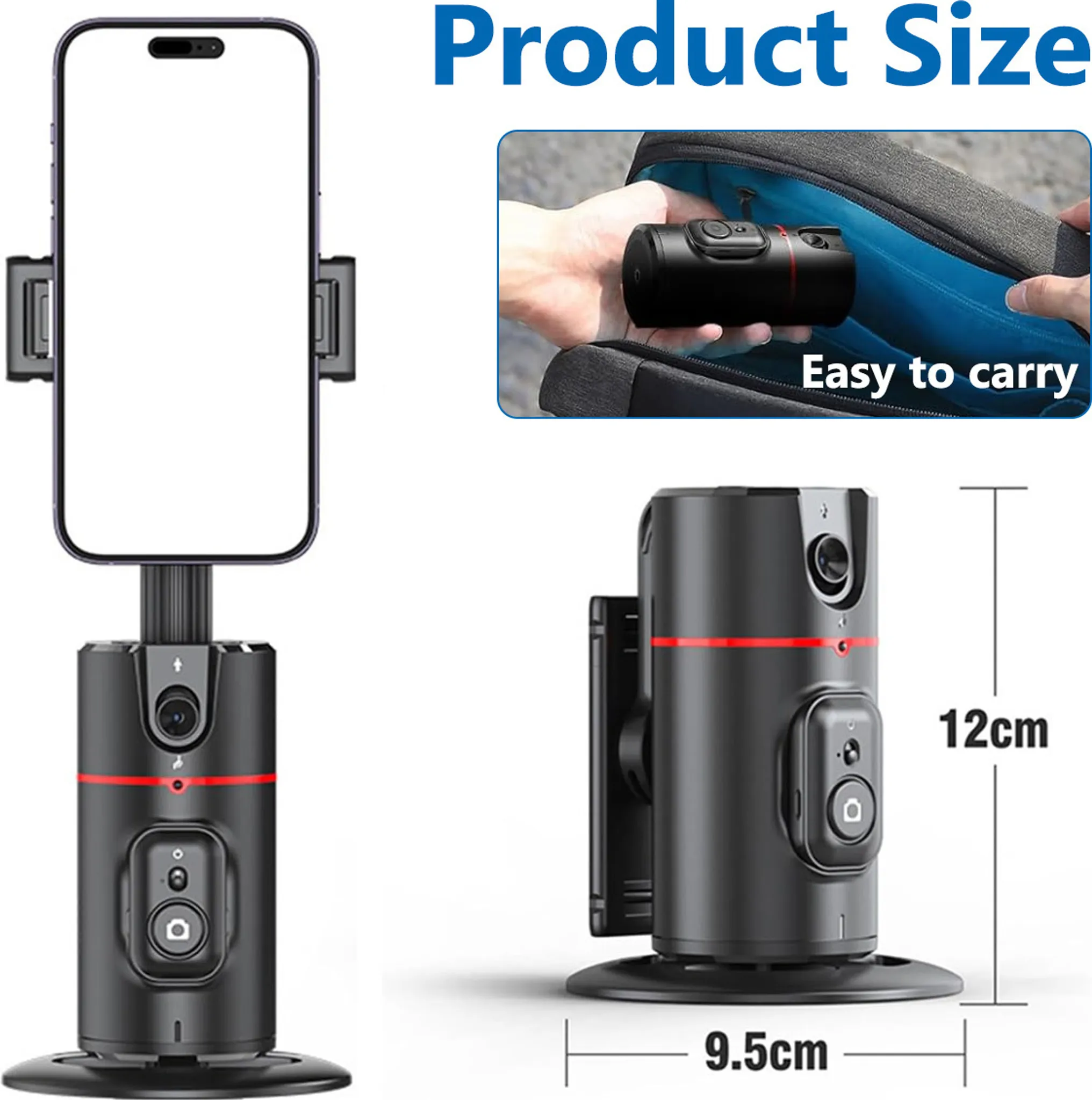 Ein Smartphone-Gimbal mit roten Akzenten, 12cm hoch, 9.5cm breit.