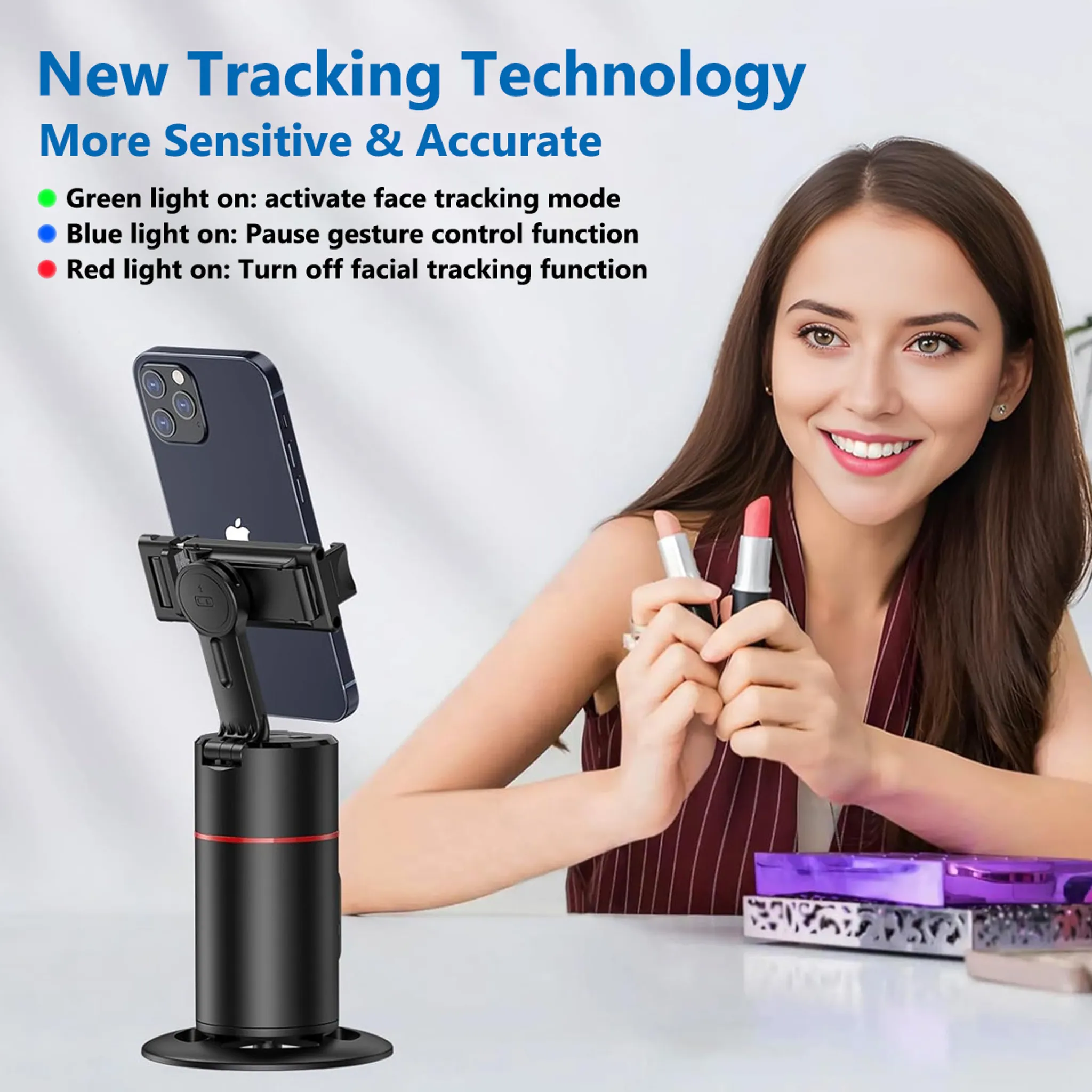 Ein Smartphone auf einem schwarzen Gimbal, eine Frau mit Lippenstiften.