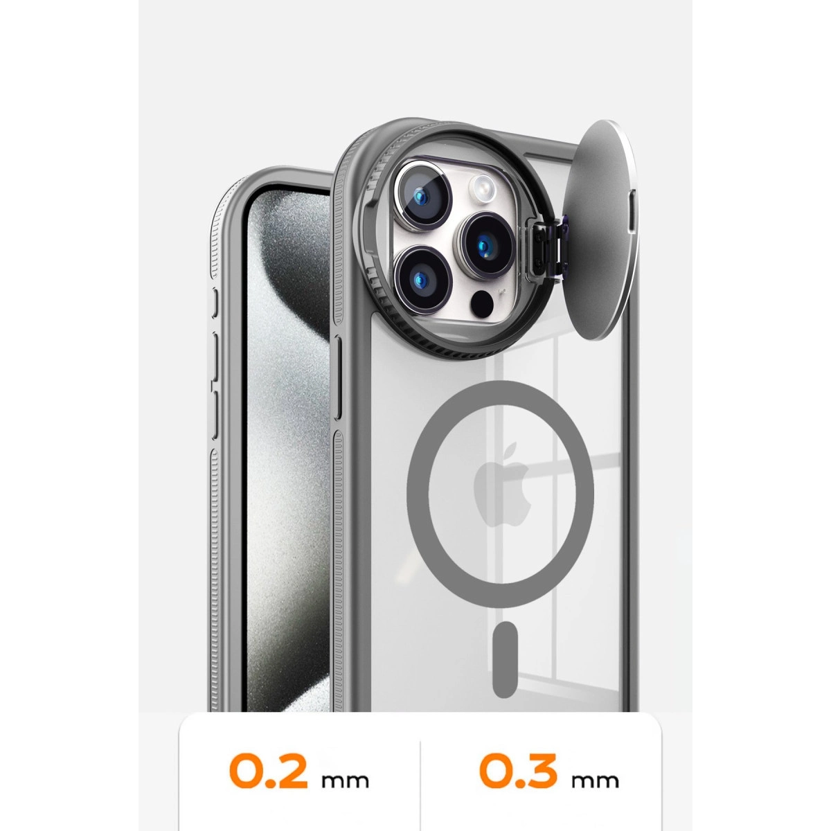 Açılabilir kamera kapaklı gri telefon kılıfı. iPhone gösteriliyor.