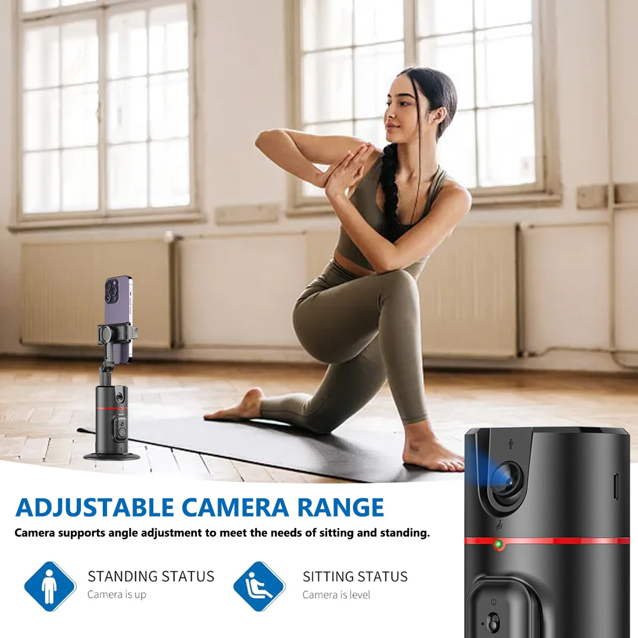 Eine Frau in Sportkleidung macht Yoga vor einem Fenster. Ein Gimbal mit Handy ist sichtbar.