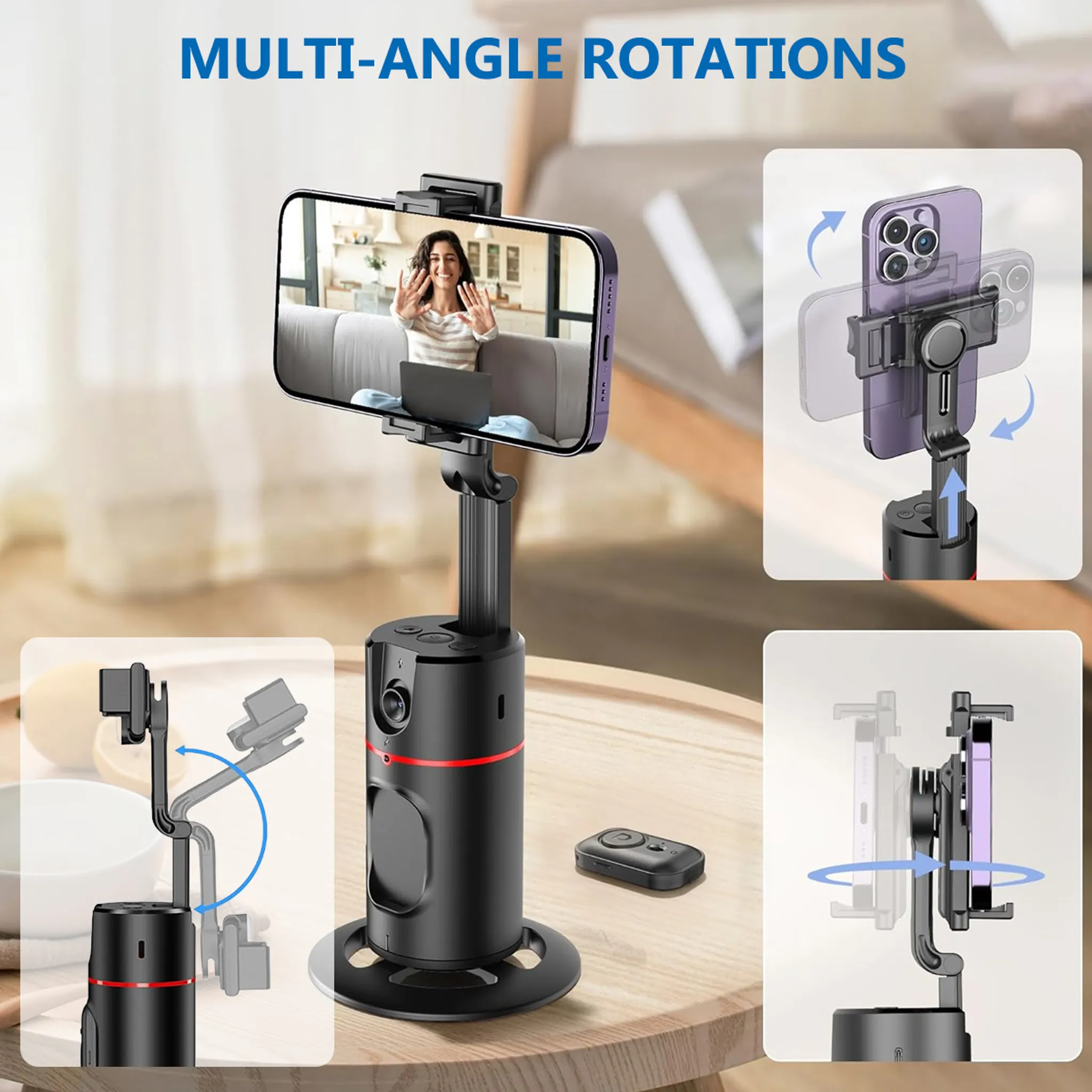 Ein schwarzer Handy-Gimbal mit Fernbedienung und Handy-Halterung, die sich drehen lässt.