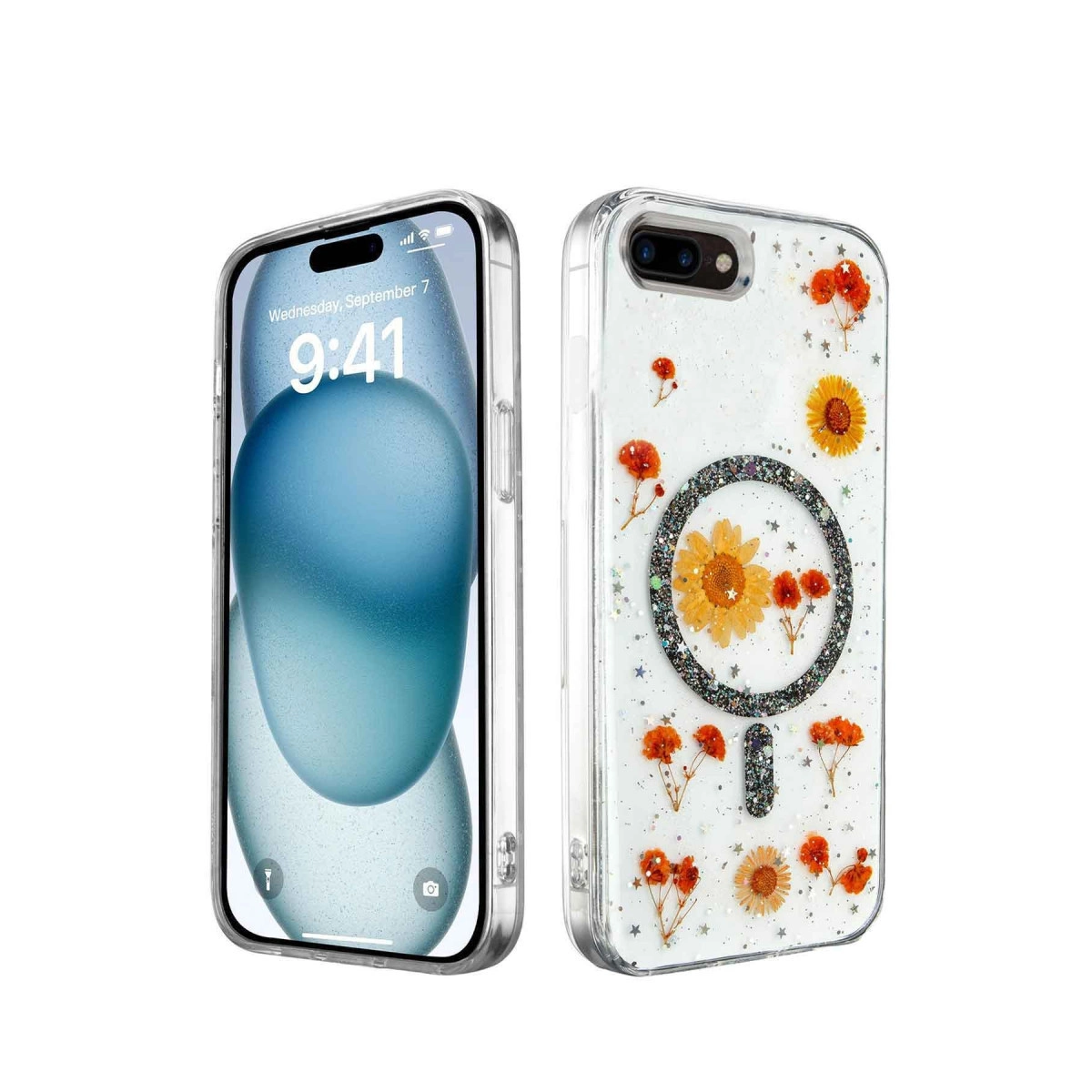 Kurutulmuş çiçekler ve sim içeren şeffaf kasalı bir akıllı telefon.