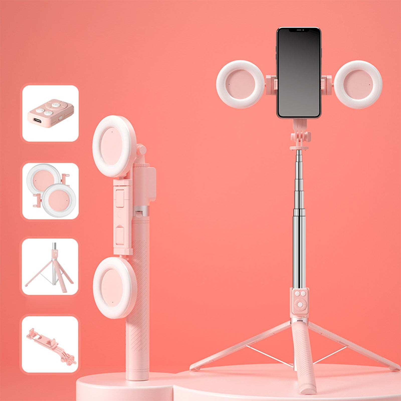 Ein pinkes Selfie-Stick-Set mit Handyhalterung, Ringleuchten und Fernbedienung.