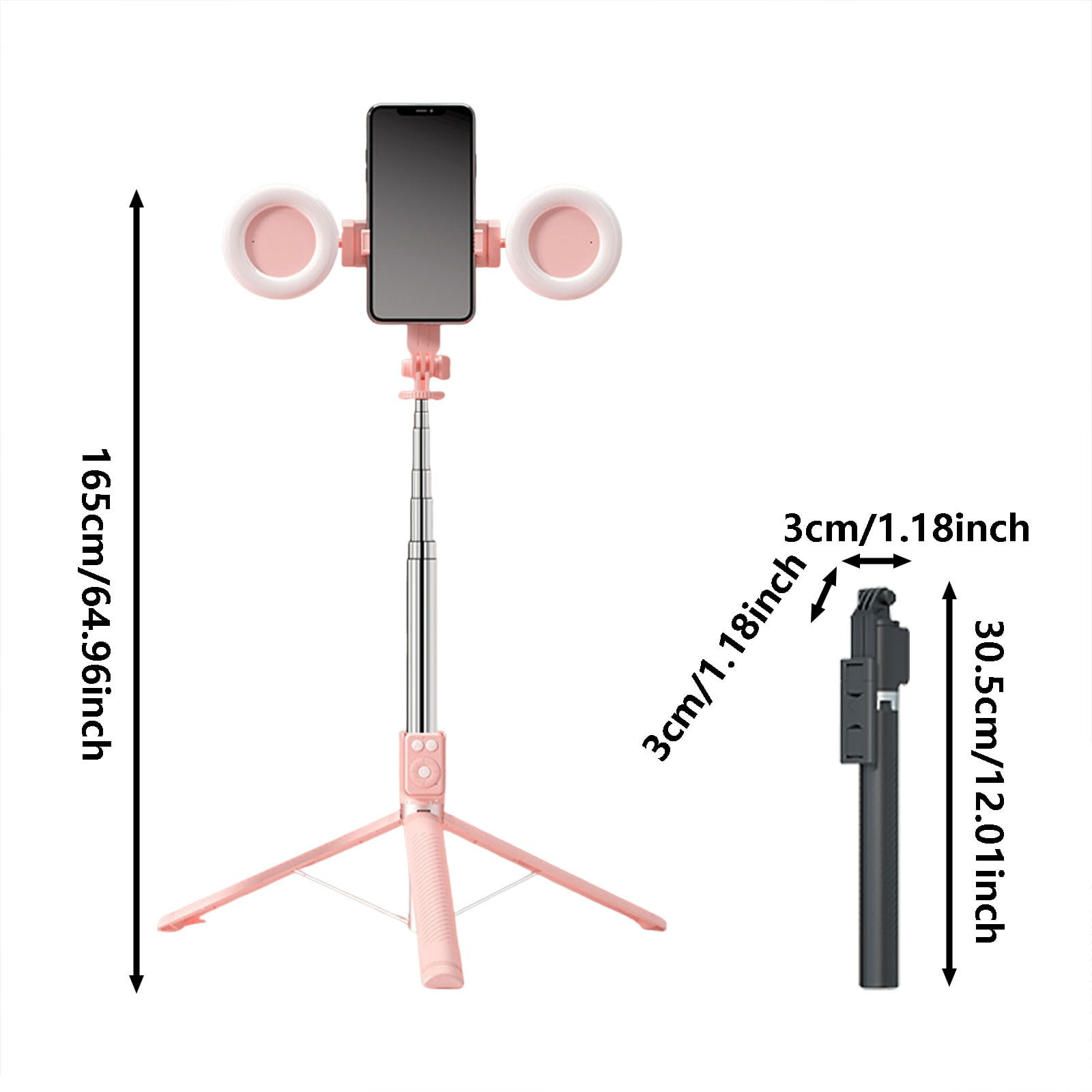 Ein pinker Selfie-Stick mit Handyhalterung und Ringleuchten. Maße sind angegeben.