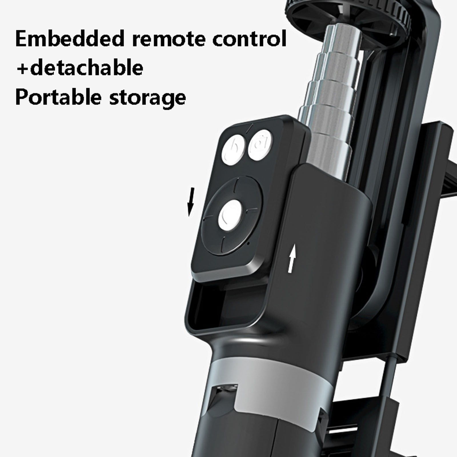 Nahaufnahme eines schwarzen Gimbal-Griffs mit Fernbedienung und ausfahrbarem Metallrohr.