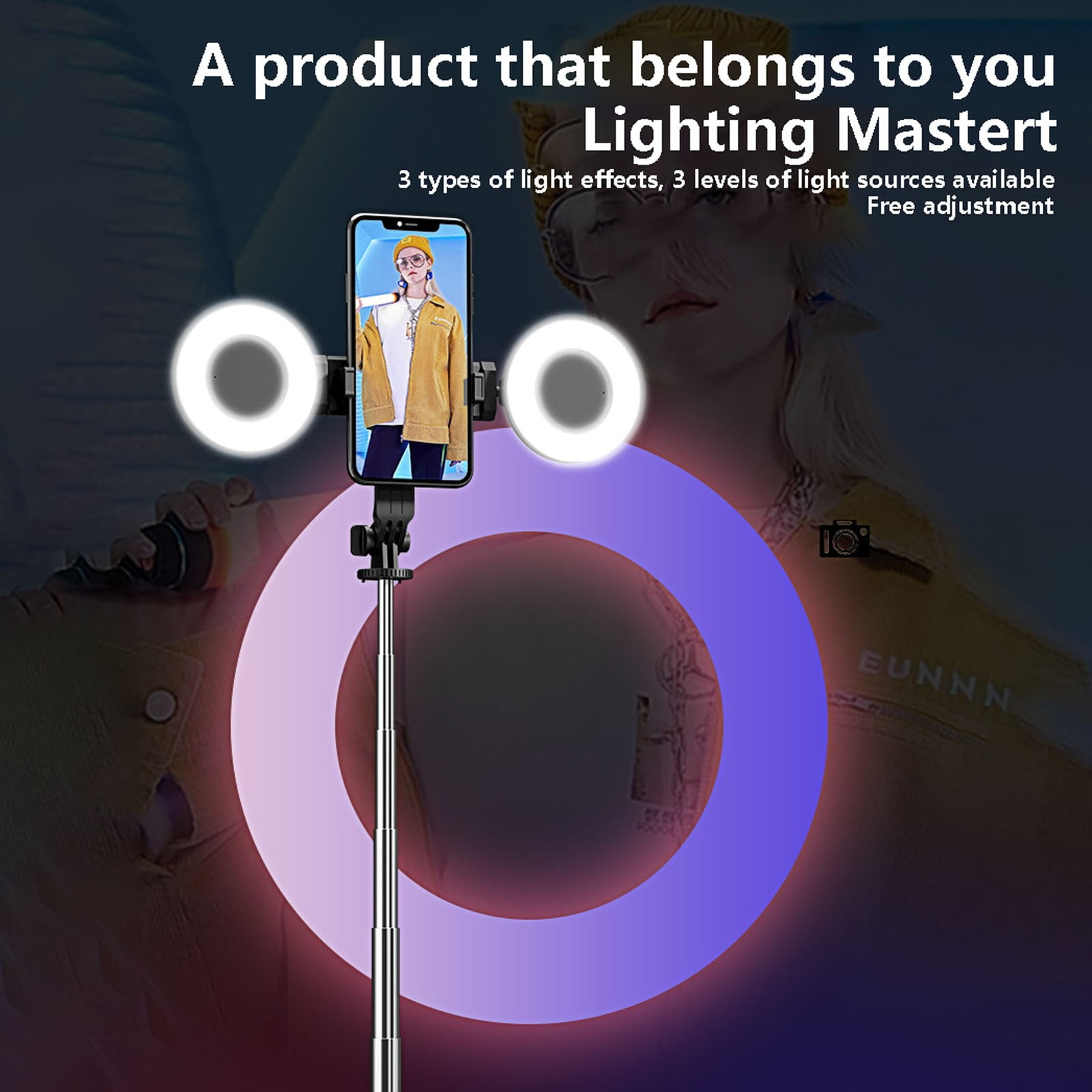 Ein Handy auf einem Selfie-Stick mit zwei Ringen, die für Licht sorgen.