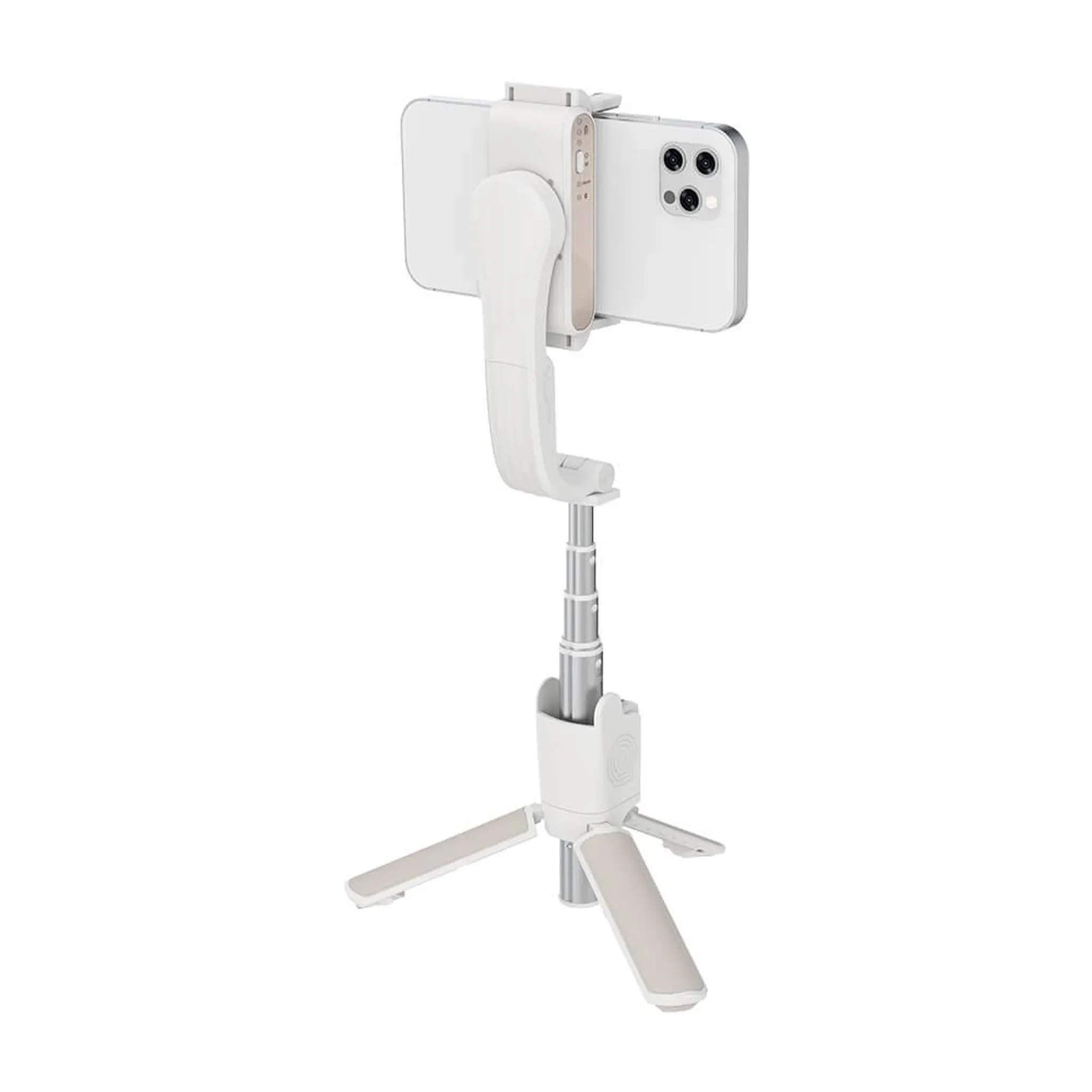 Ein weißer Gimbal mit einem weißen Smartphone, das auf einem dreibeinigen Ständer montiert ist.