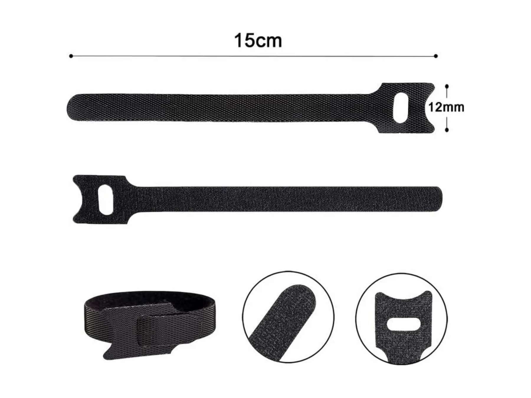 Schwarze Klettbänder, 15cm lang und 12mm breit, flach und als Schlaufe gezeigt.