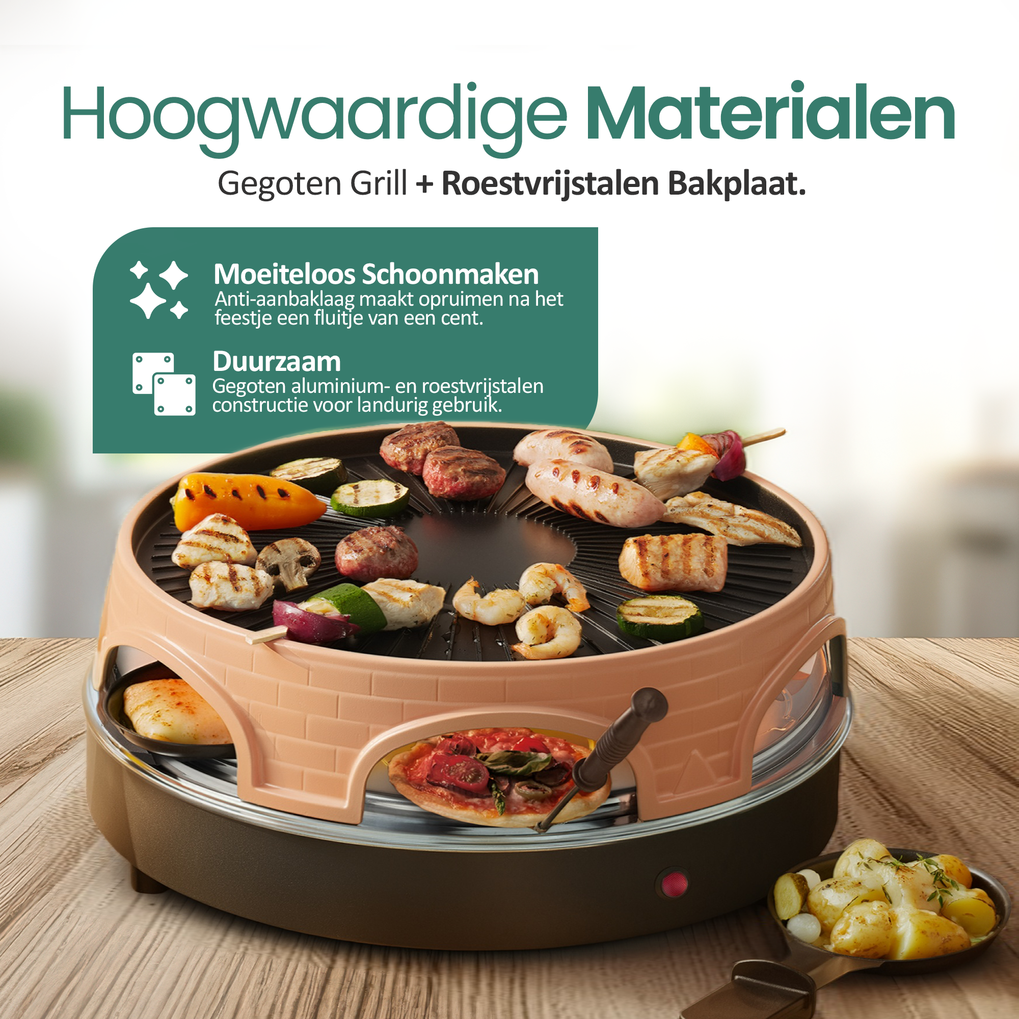Un grill avec viande, crevettes et légumes, à côté d'une pizza et de pommes de terre.