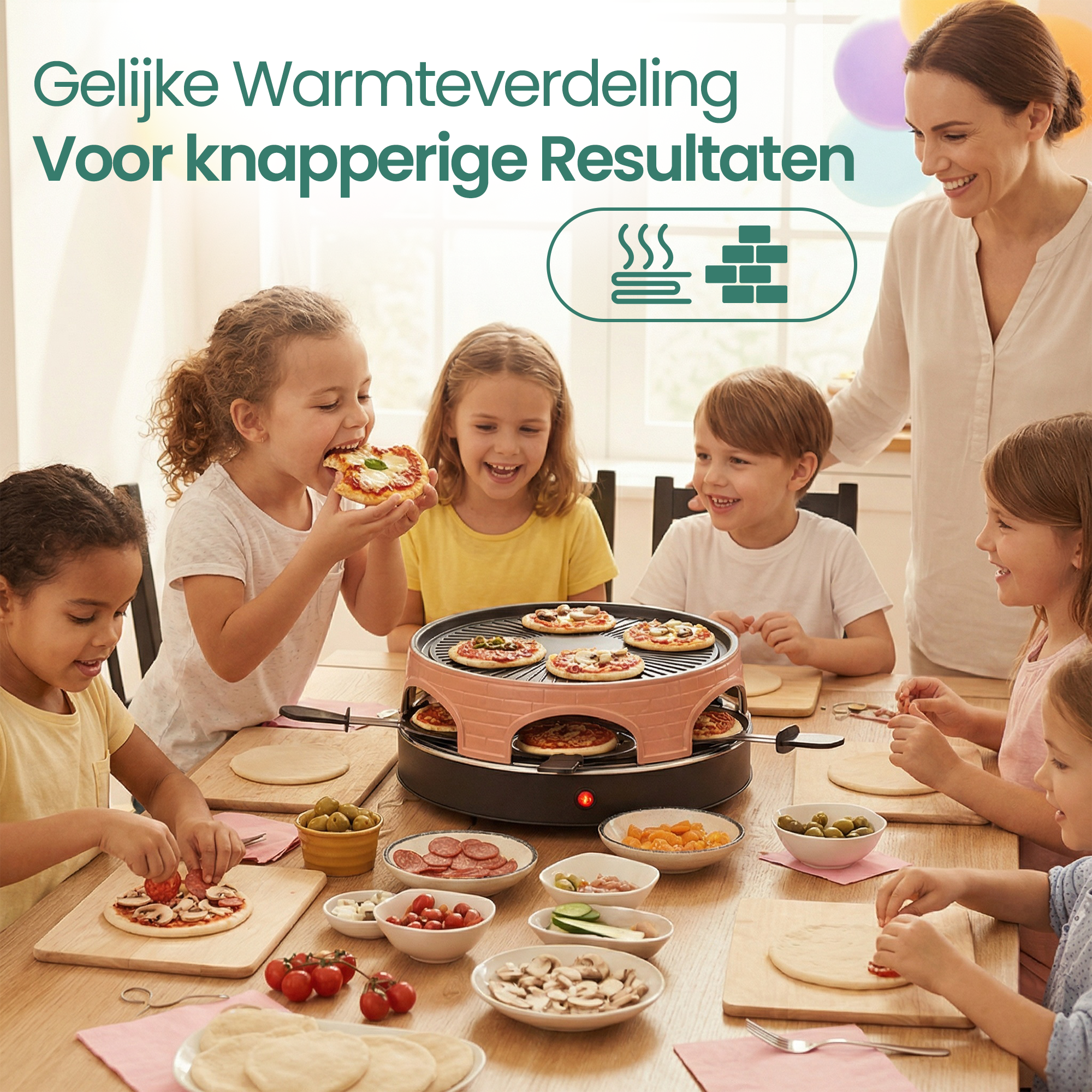 Des enfants préparent des mini-pizzas à table avec un four à raclette et des ingrédients.