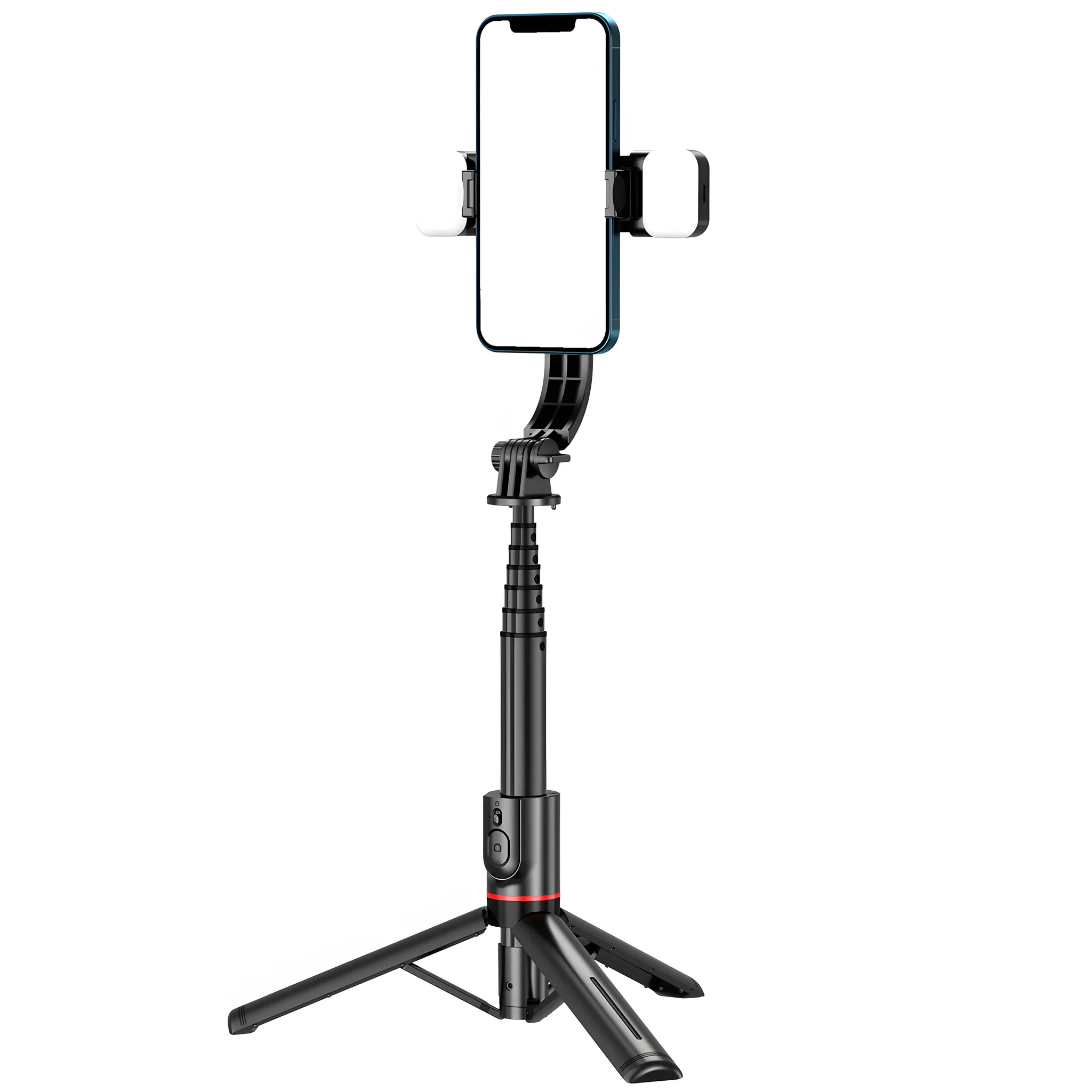 Ein schwarzer Selfie-Stick mit Stativ, der ein Smartphone hält.