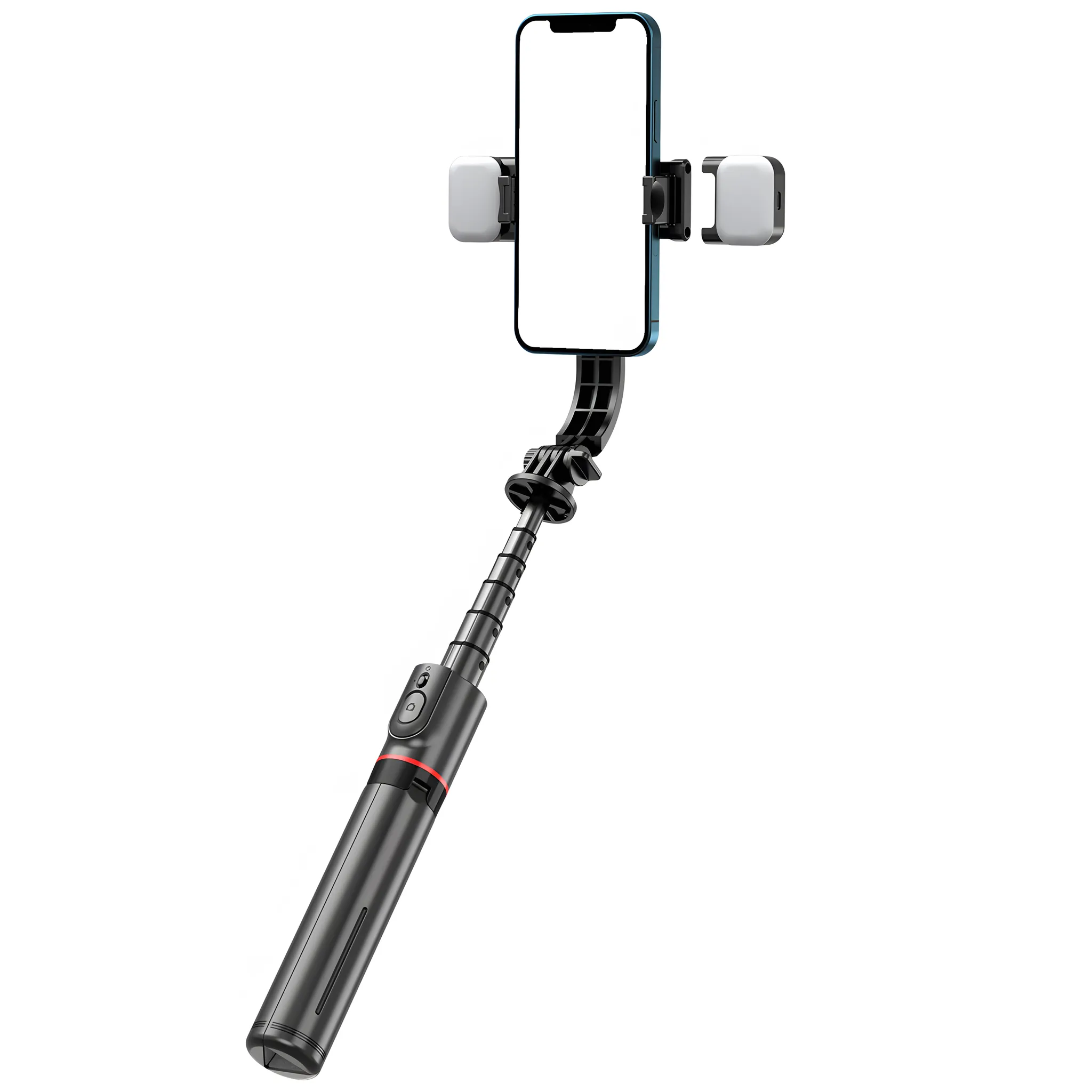 Ein Selfie-Stick mit Smartphone-Halterung und zwei Lichtern.