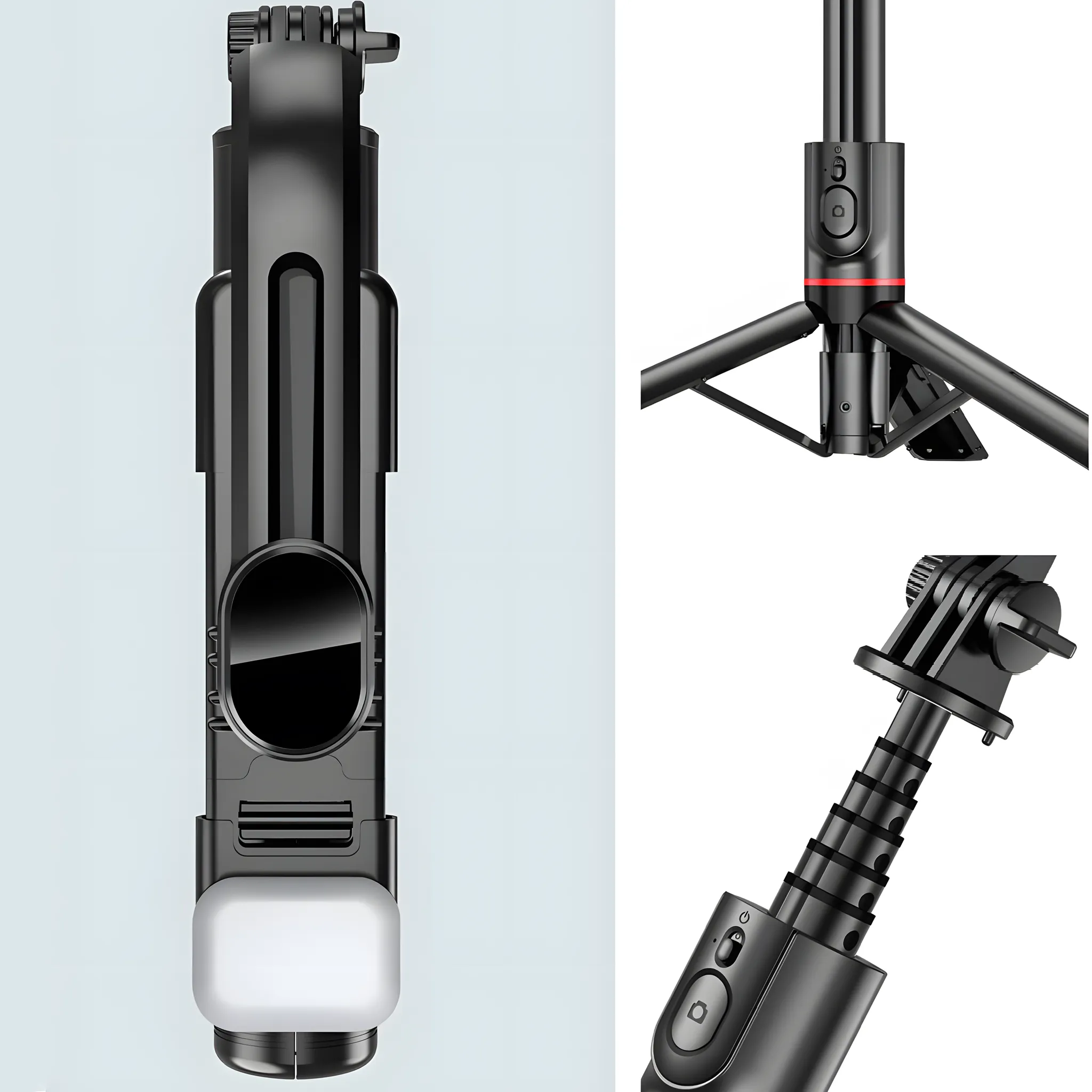 Ein schwarzer Selfie-Stick mit ausziehbarem Stativ und LED-Licht.