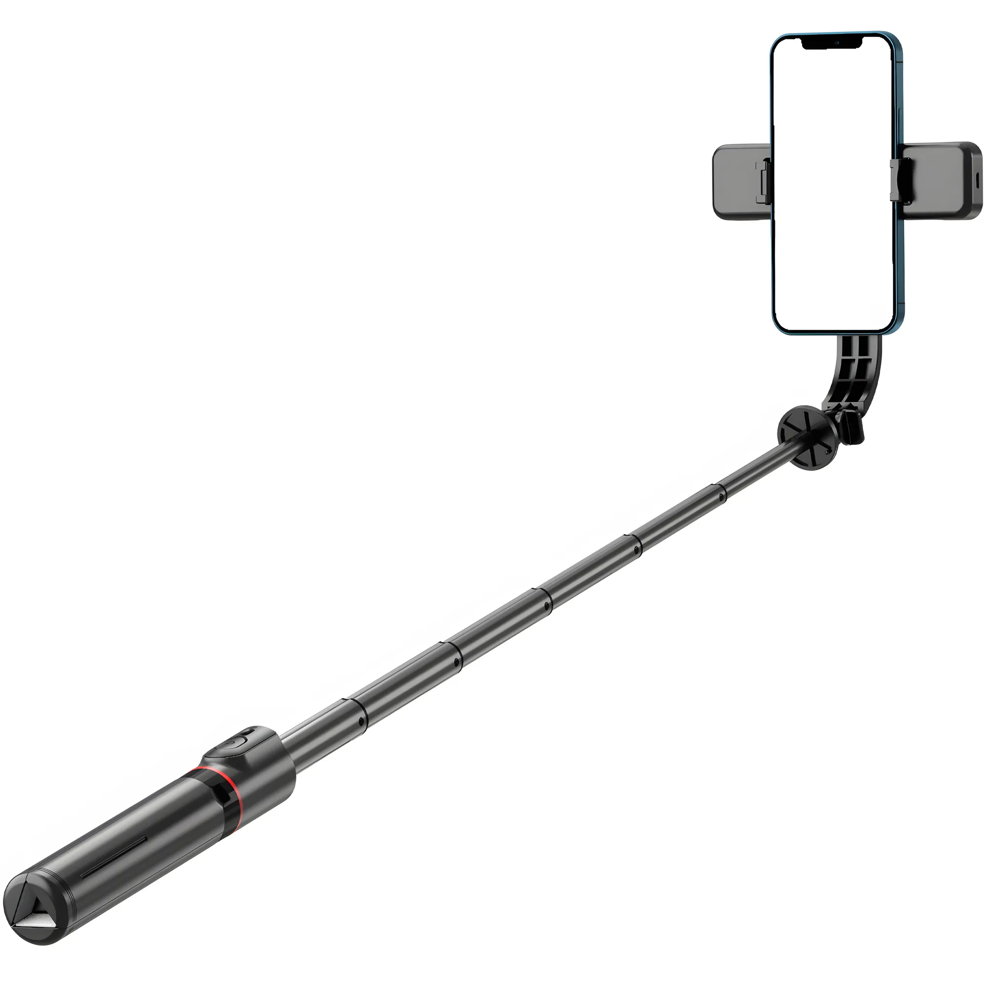 Ein ausziehbarer Selfie-Stick mit einem Smartphone, das auf einem weißen Hintergrund gehalten wird.