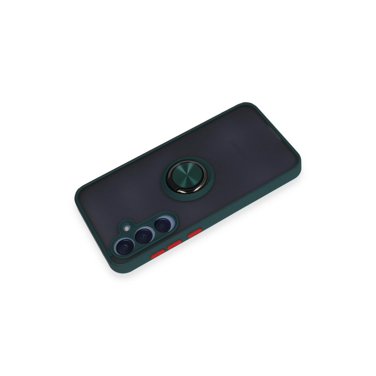 Koyu gri telefon kılıfı, yeşil çerçeveli ve halkalı.