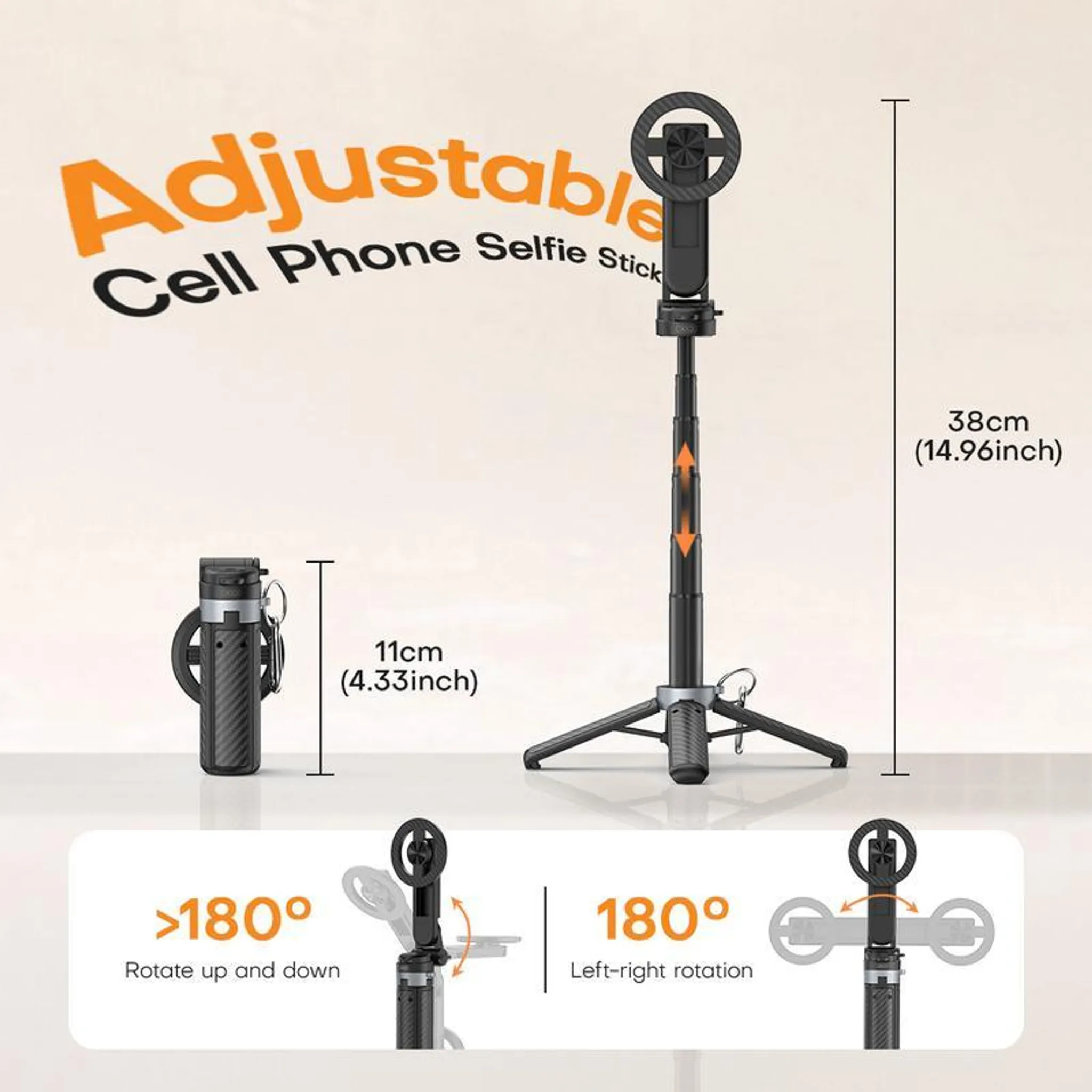 Ein ausziehbarer Selfie-Stick mit Stativ, 38cm ausziehbar, 11cm zusammengeklappt.