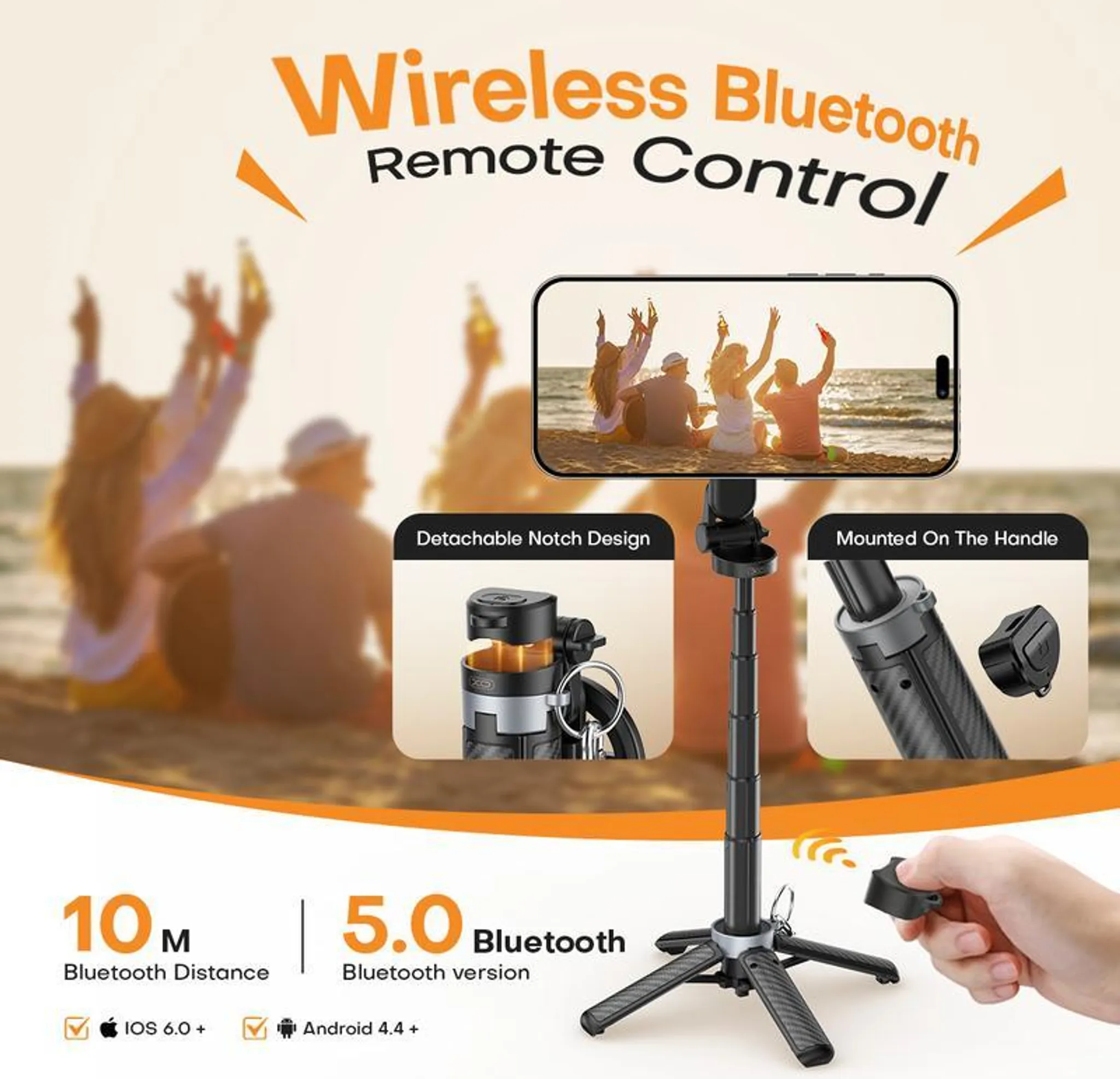 Kabellose Bluetooth-Fernbedienung mit Stativ, Telefon und Fernbedienung.