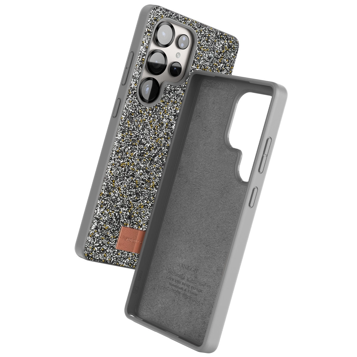 Simli gri telefon kılıfı ve ayrı iç astarı.