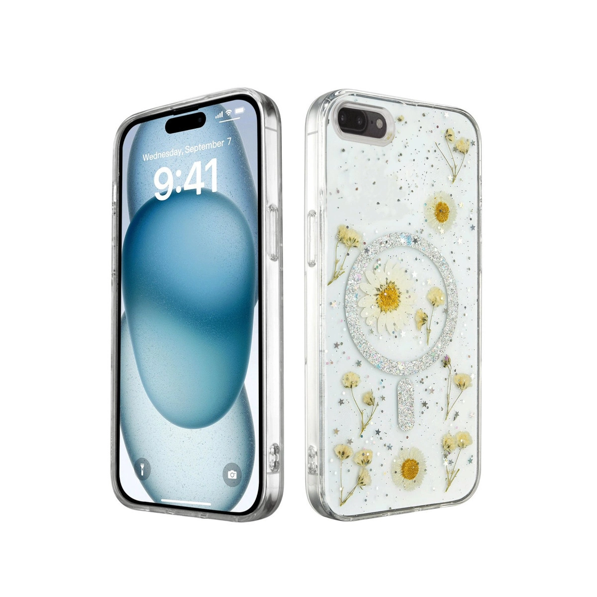 Gerçek çiçekler ve sim içeren şeffaf iPhone kılıfı.