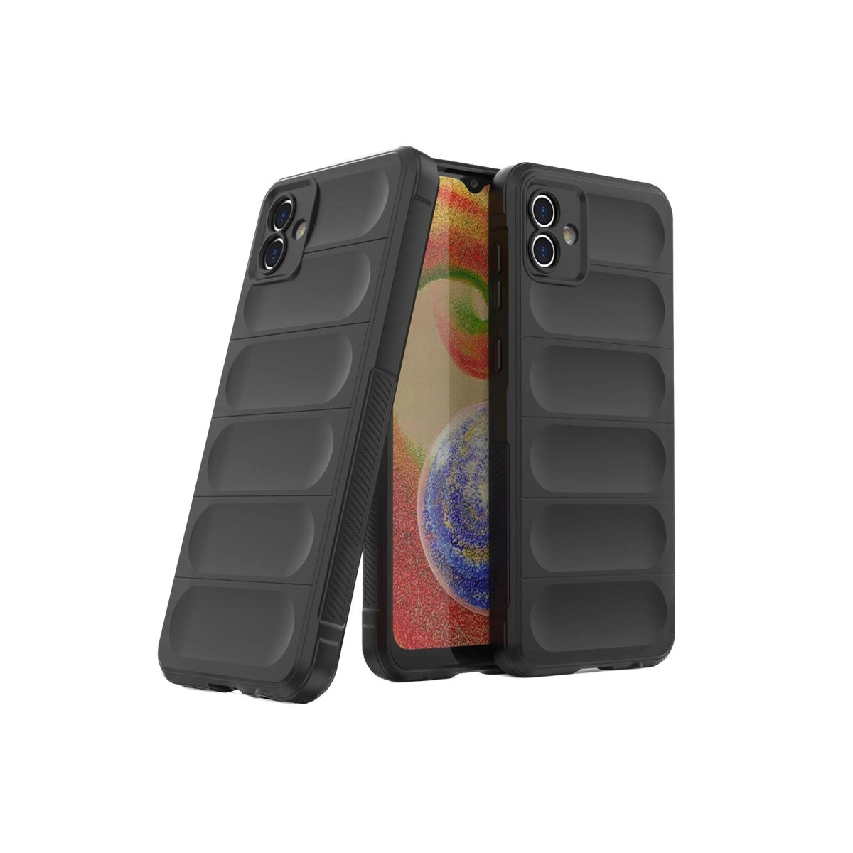 Dokulu iki siyah telefon kılıfı, biri telefonda, beyaz arka planda.