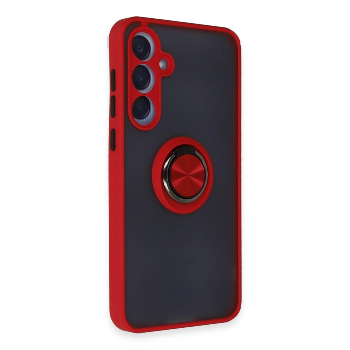 Kırmızı çerçeveli ve halka tutuculu siyah telefon kılıfı.