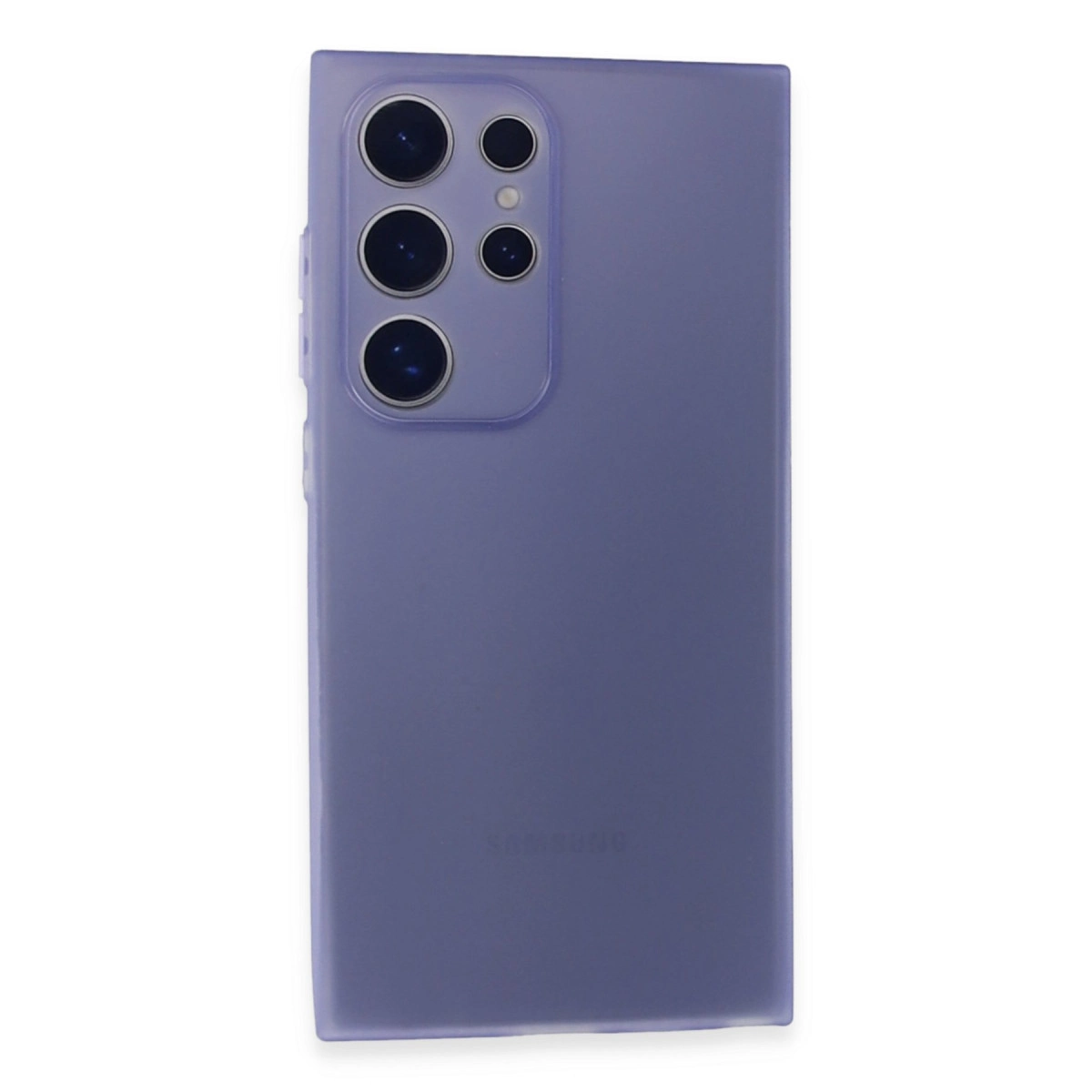 Dört kamera lensli ve Samsung logolu mor telefon kılıfı.
