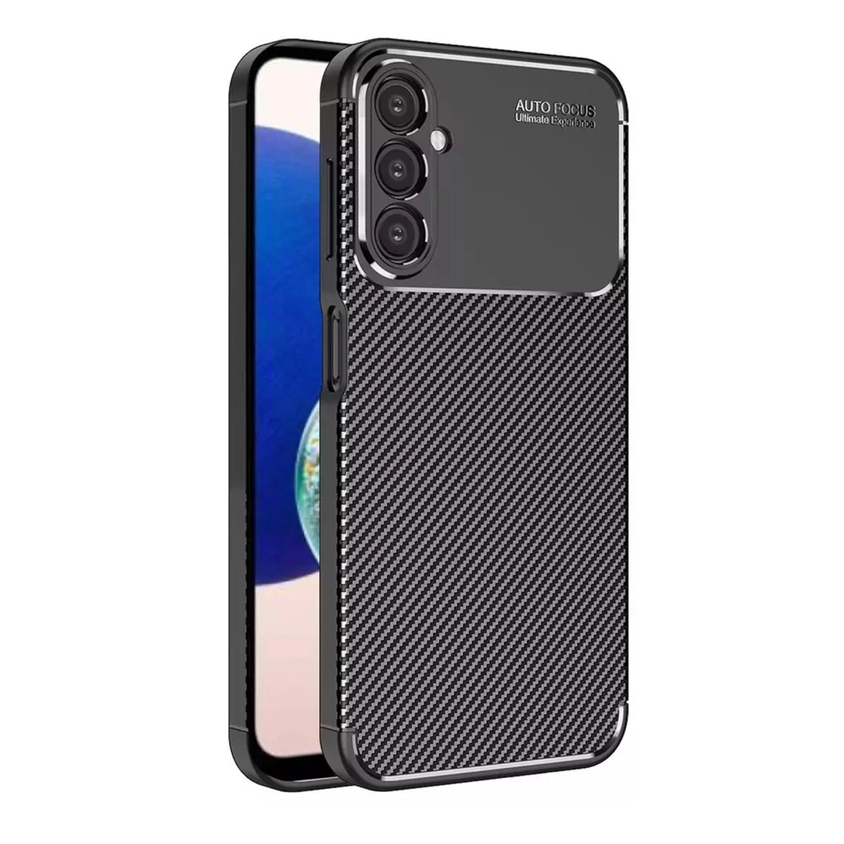 Karbon fiber desenli, üstte üç kamera lensli siyah telefon kılıfı.
