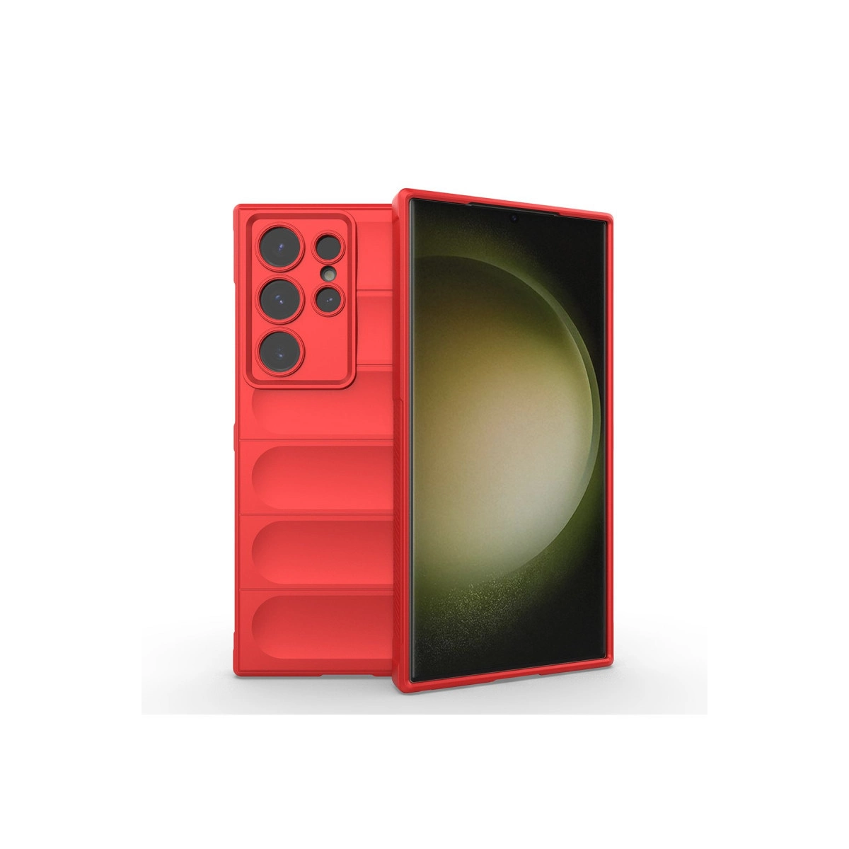 Kamera çıkıntıları ve nervürlü tasarıma sahip kırmızı telefon kılıfı. Telefonda ekran var.