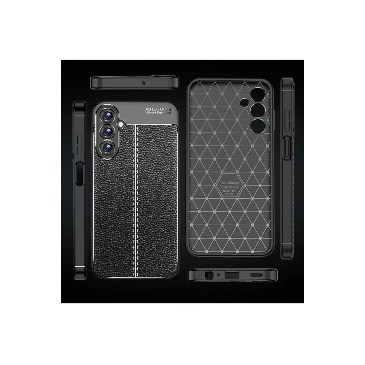 Deri dokulu ve geometrik desenli siyah telefon kılıfı. Çoklu görünümler.