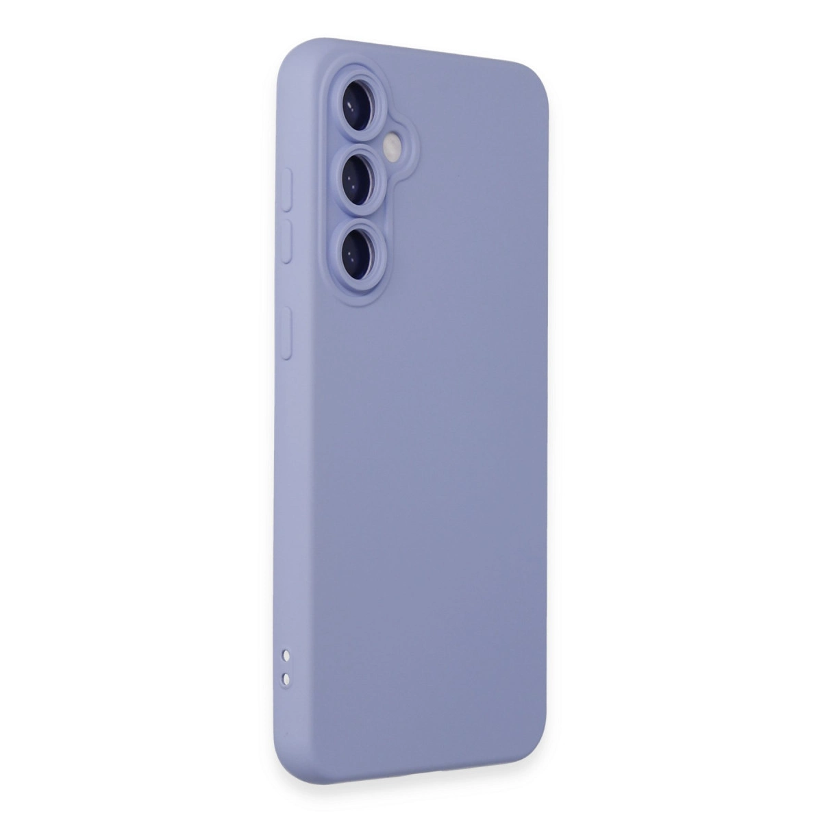 Arkada üç kamera lensi bulunan lavanta rengi telefon kılıfı.