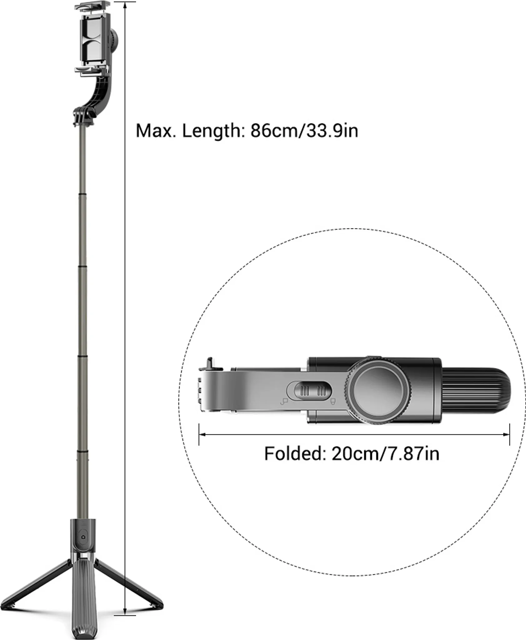 Ausziehbarer Selfie-Stick mit Stativ. Maximale Länge 86cm, gefaltet 20cm.