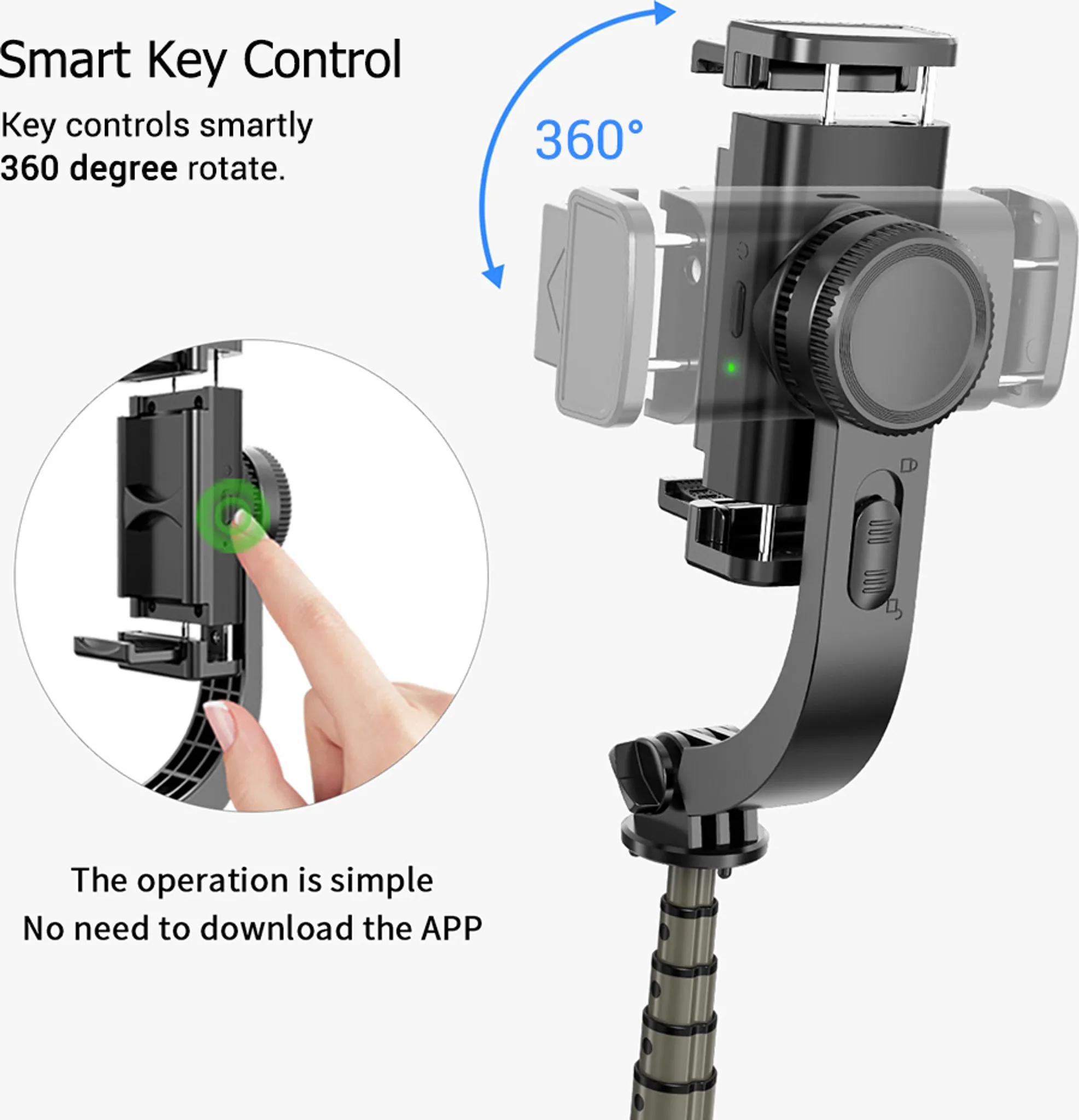 Ein schwarzer Gimbal mit einer Hand, die einen Knopf drückt. 360 Grad Drehung.