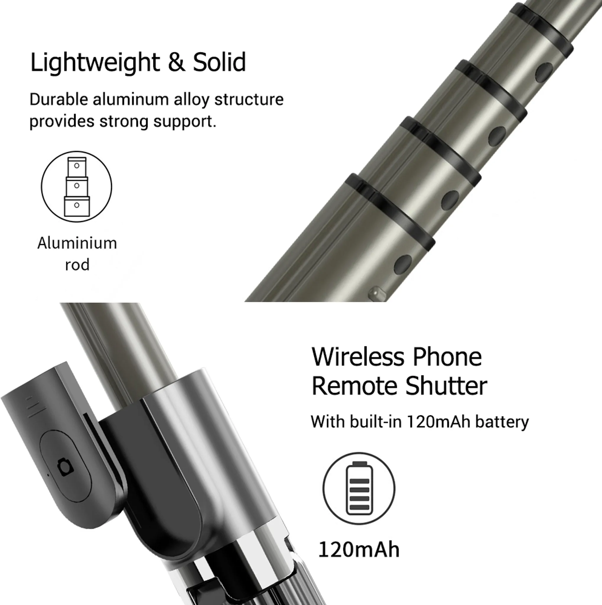 Ein ausziehbarer Aluminiumstab mit kabelloser Fernbedienung und 120-mAh-Akku.