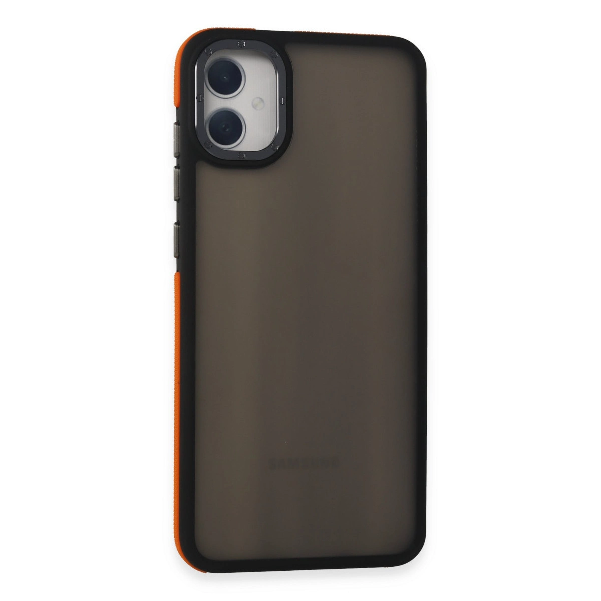 Turuncu kenarlı, iki kamera lensli koyu gri telefon kılıfı.
