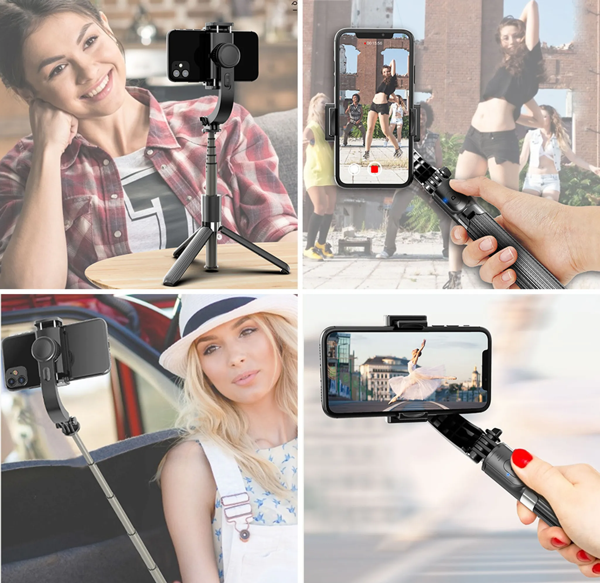 Collage zeigt vier Szenen mit Handy-Gimbals: Frau lächelt, Tänzer, Frau am Auto, Ballerina auf Handy.