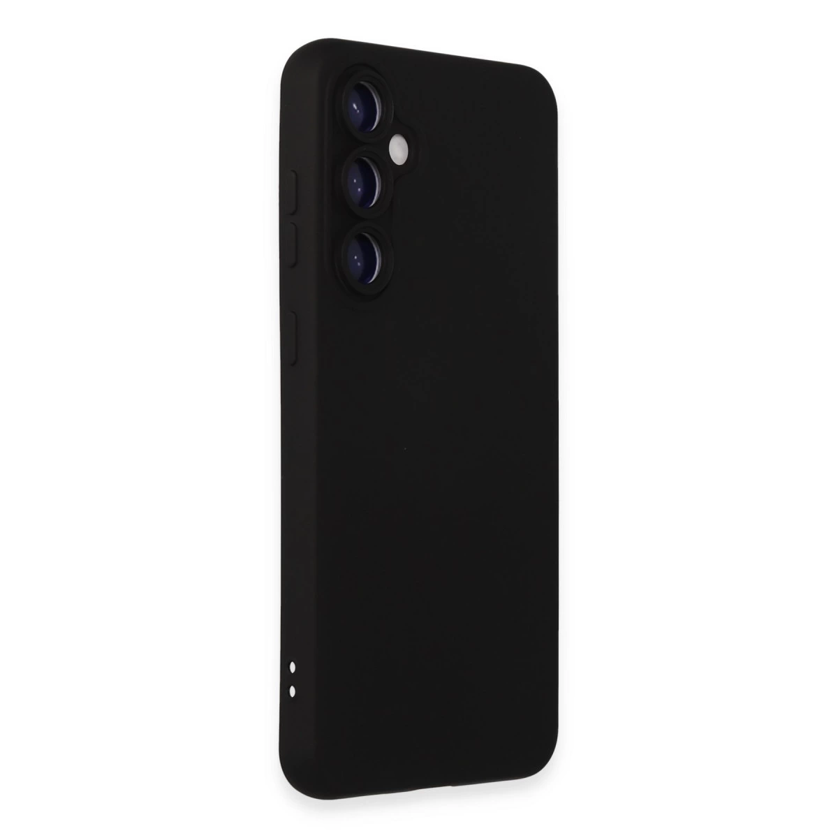 Üç kamera lensi ve flaşlı siyah telefon kılıfı.