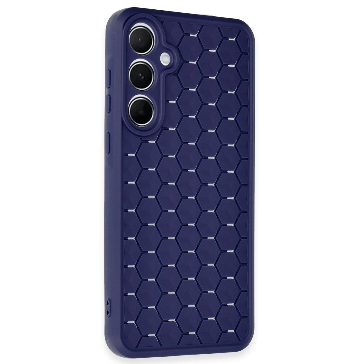 Altıgen desenli, üç kameralı lacivert telefon kılıfı.