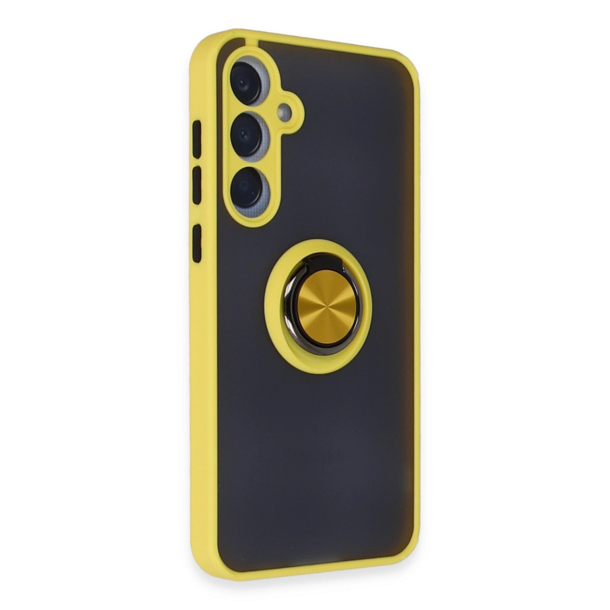 Sarı kenarlı, halka tutuculu koyu gri telefon kılıfı.